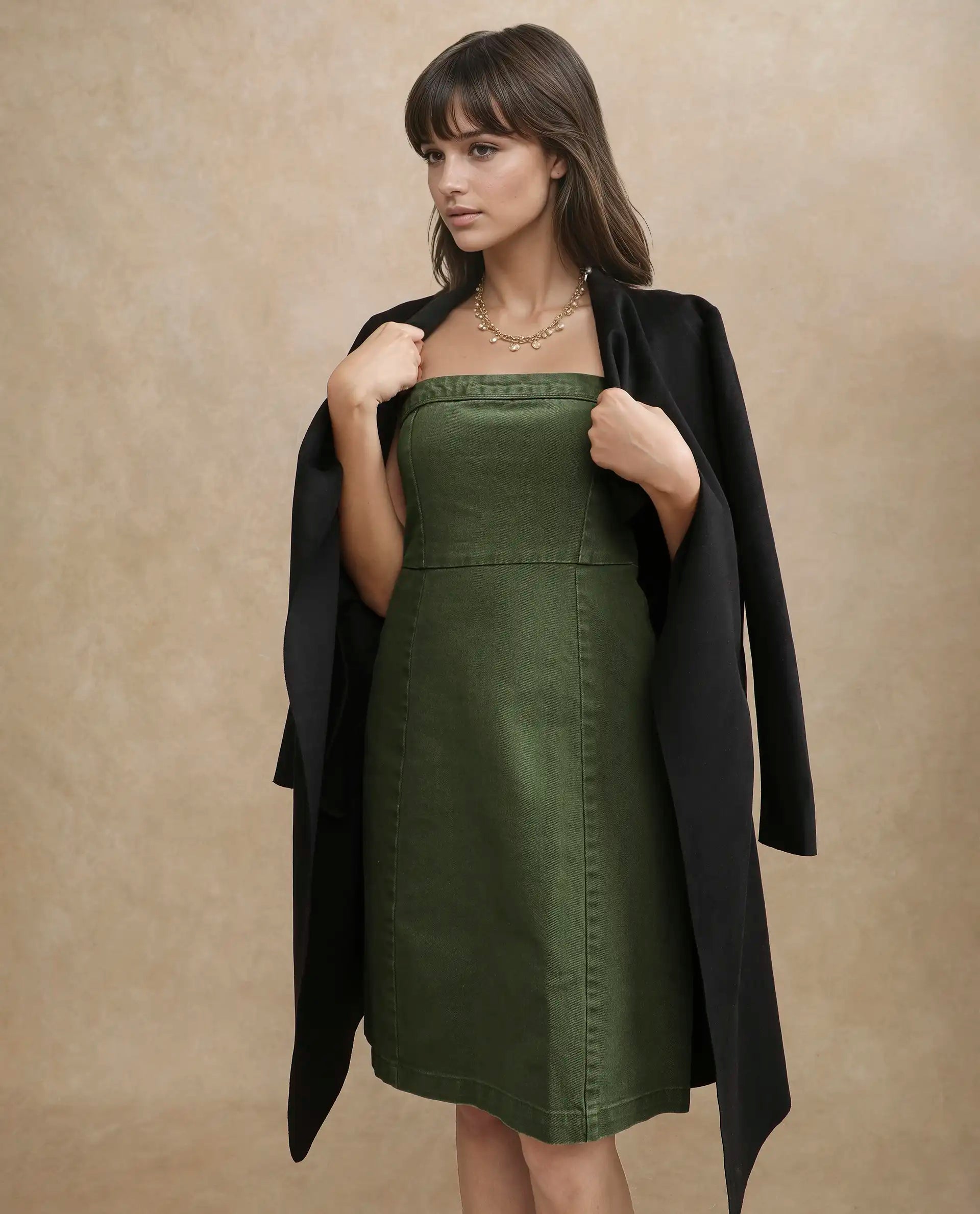 Rareism Women's Ronobia Olive Cotton Blend Tube Neck Plain Sleeveless Knee Length Bodycon Dress