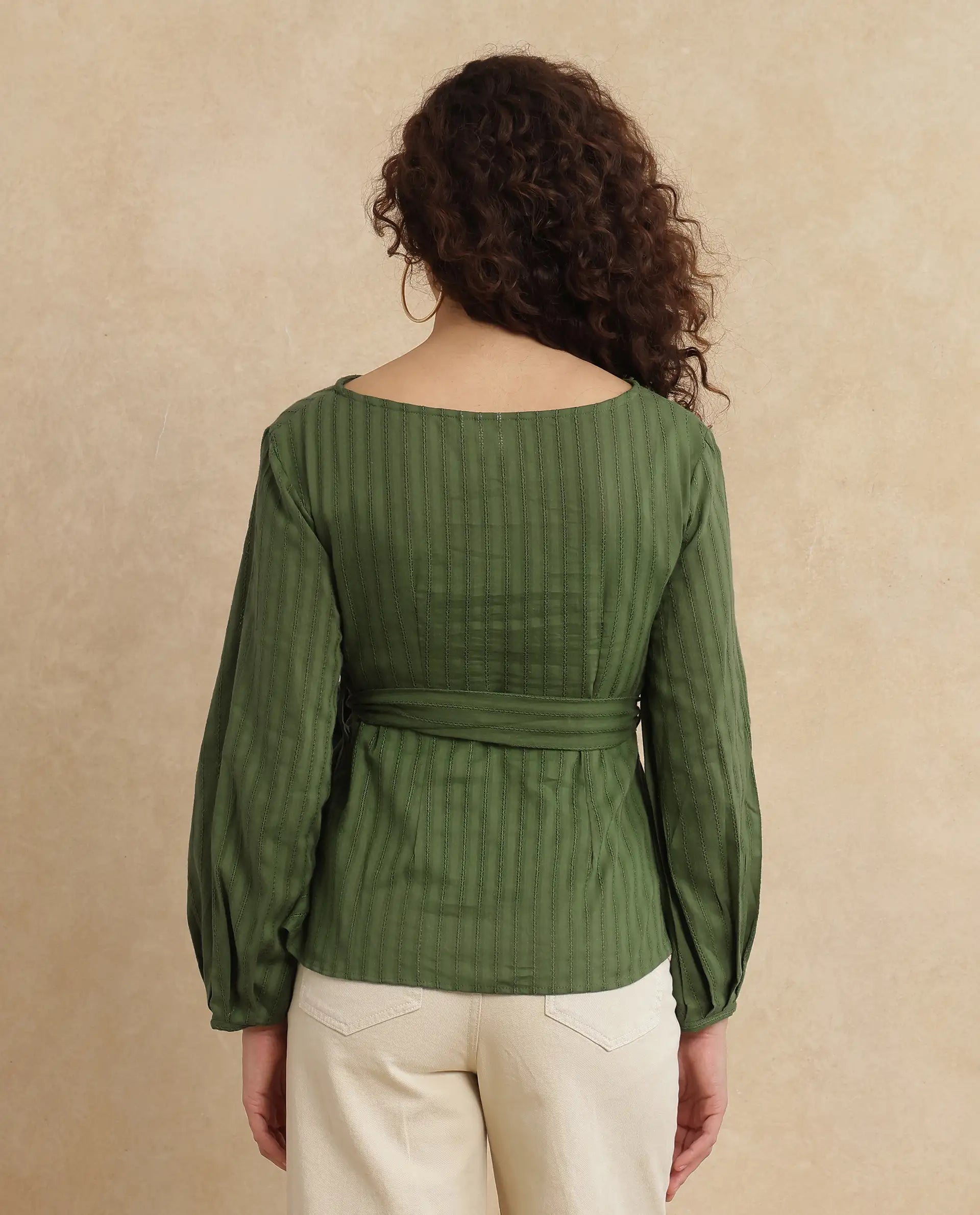 Rareism Women Rono Green Cotton Fabric Cuffed Sleeve Ruffled Neck Regular Fit Plain Top