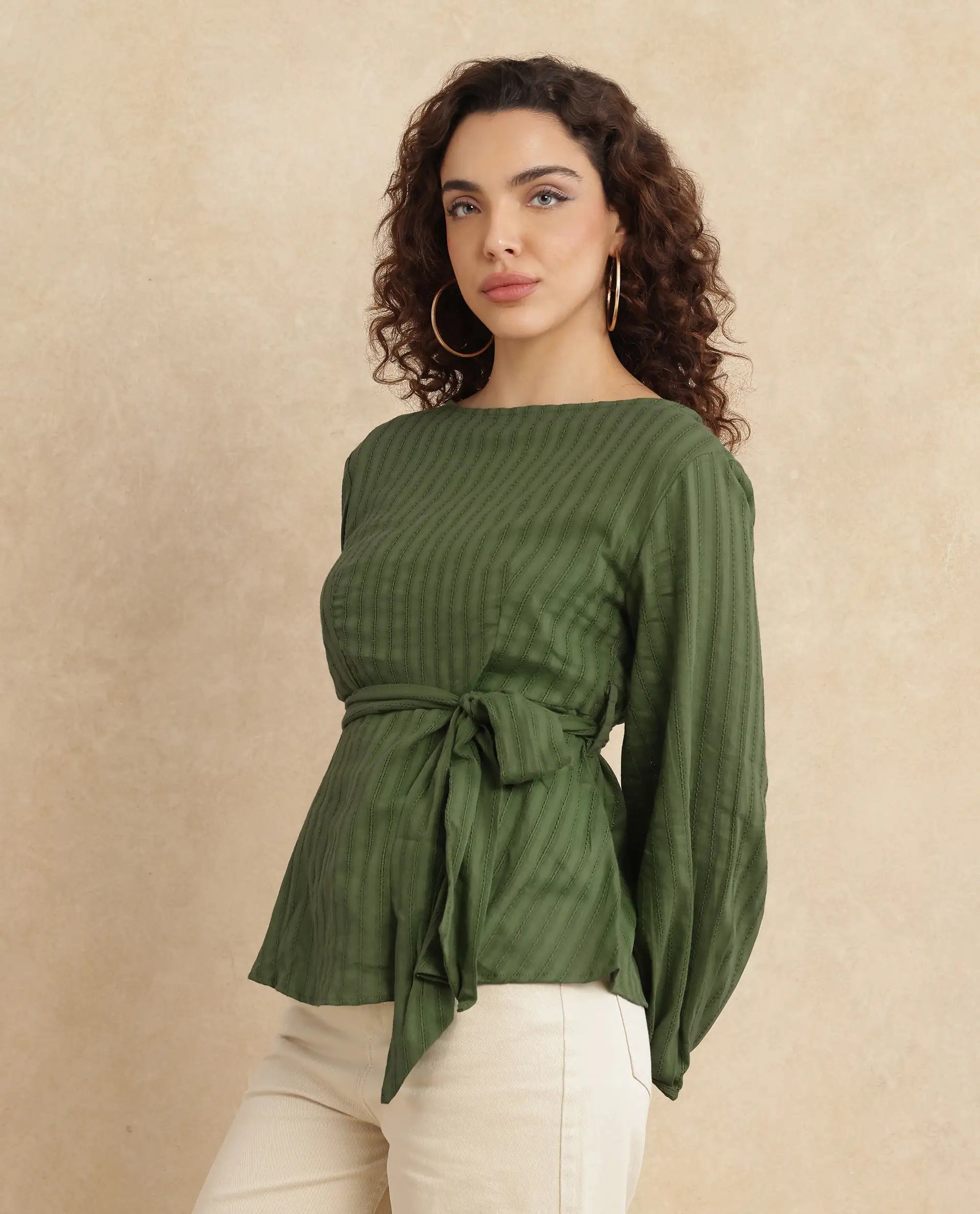 Rareism Women Rono Green Cotton Fabric Cuffed Sleeve Ruffled Neck Regular Fit Plain Top