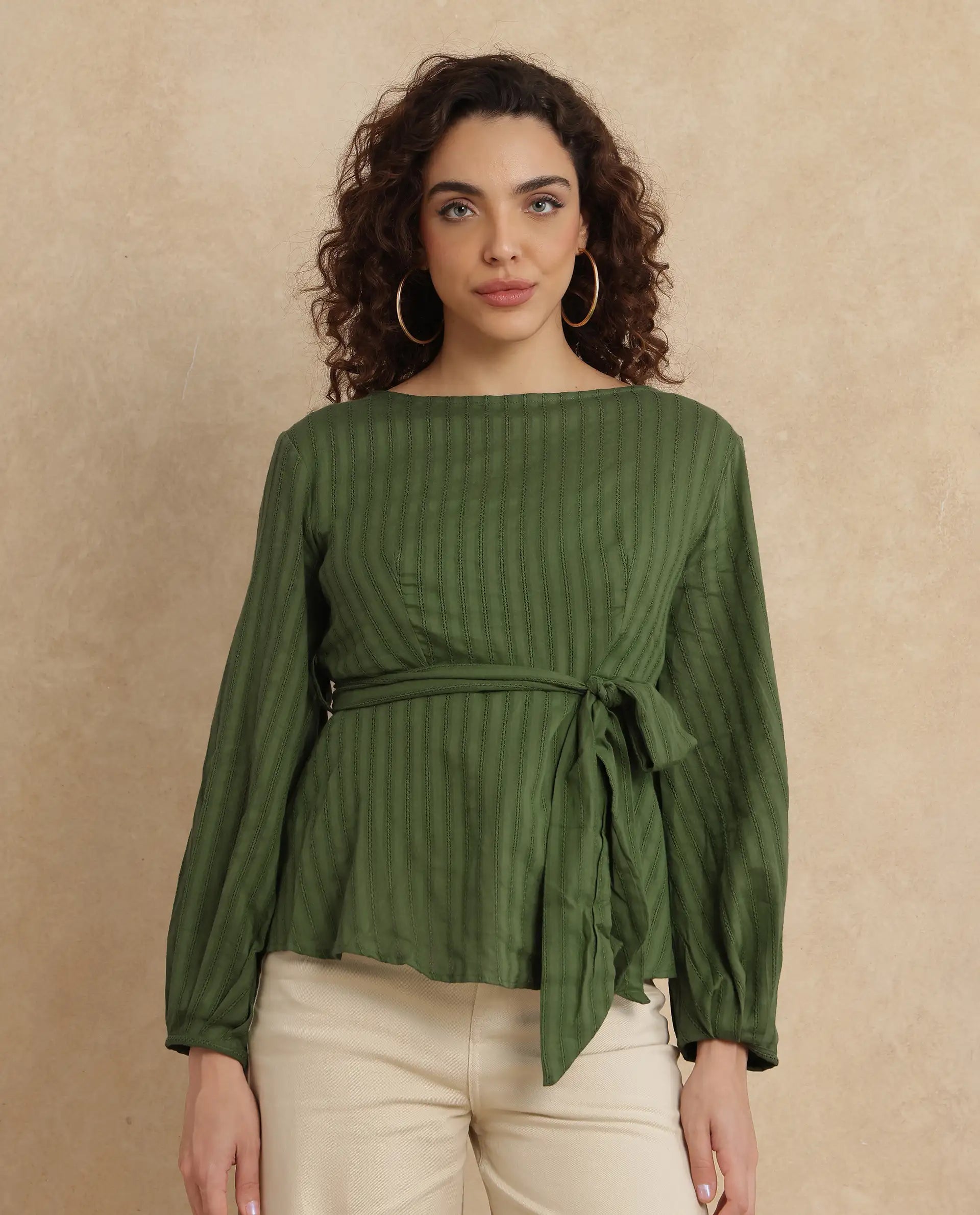 Rareism Women Rono Green Cotton Fabric Cuffed Sleeve Ruffled Neck Regular Fit Plain Top