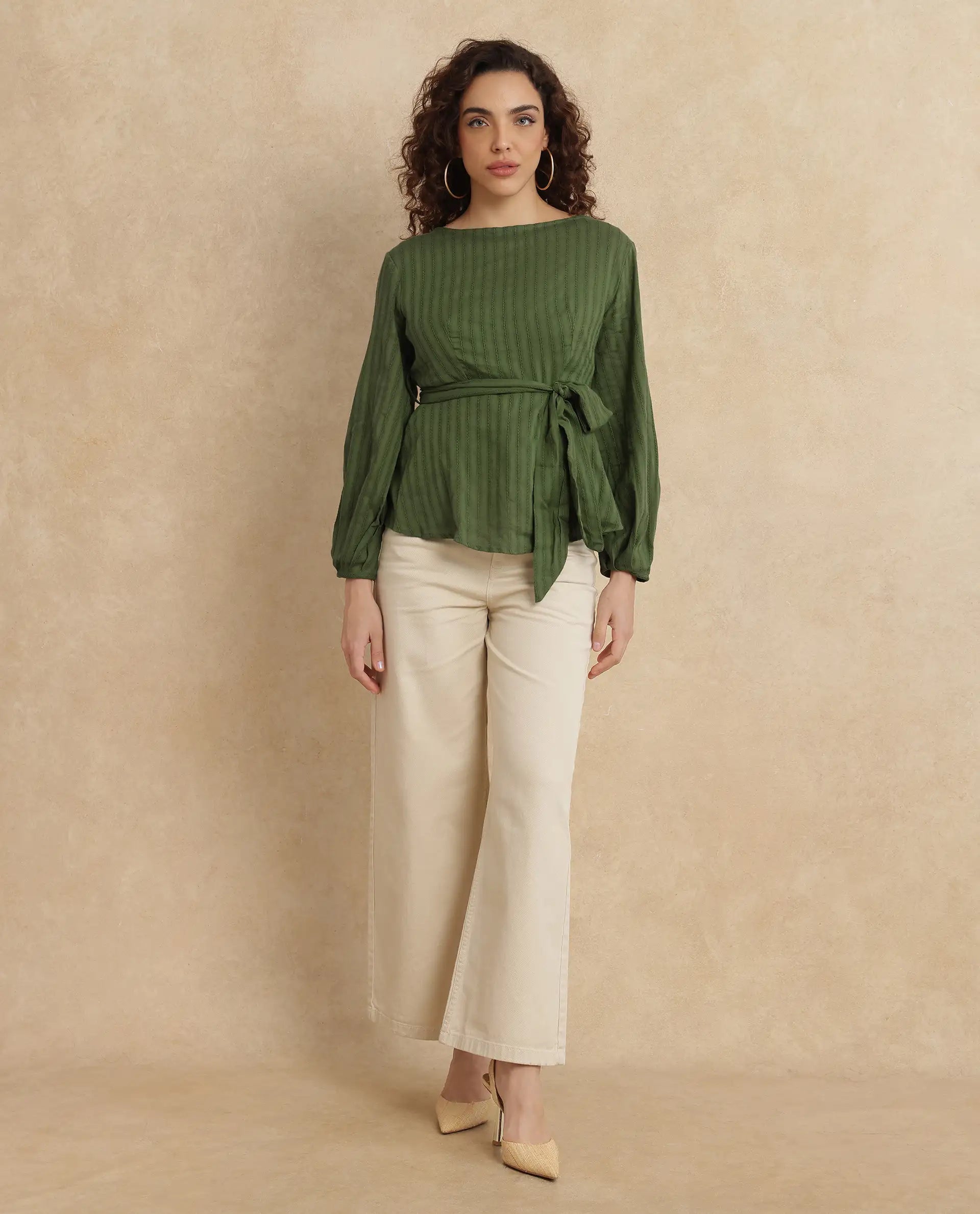 Rareism Women Rono Green Cotton Fabric Cuffed Sleeve Ruffled Neck Regular Fit Plain Top