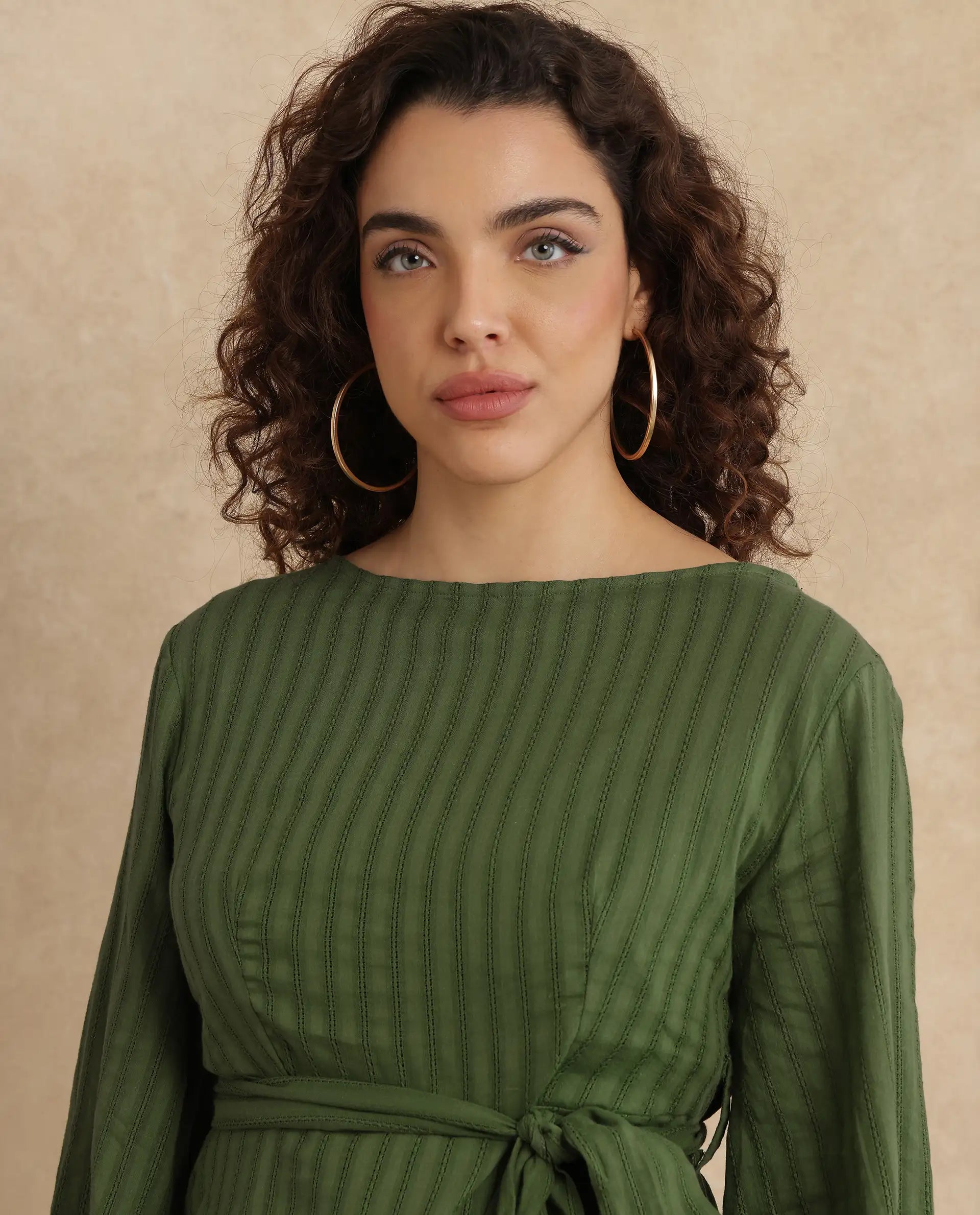 Rareism Women Rono Green Cotton Fabric Cuffed Sleeve Ruffled Neck Regular Fit Plain Top