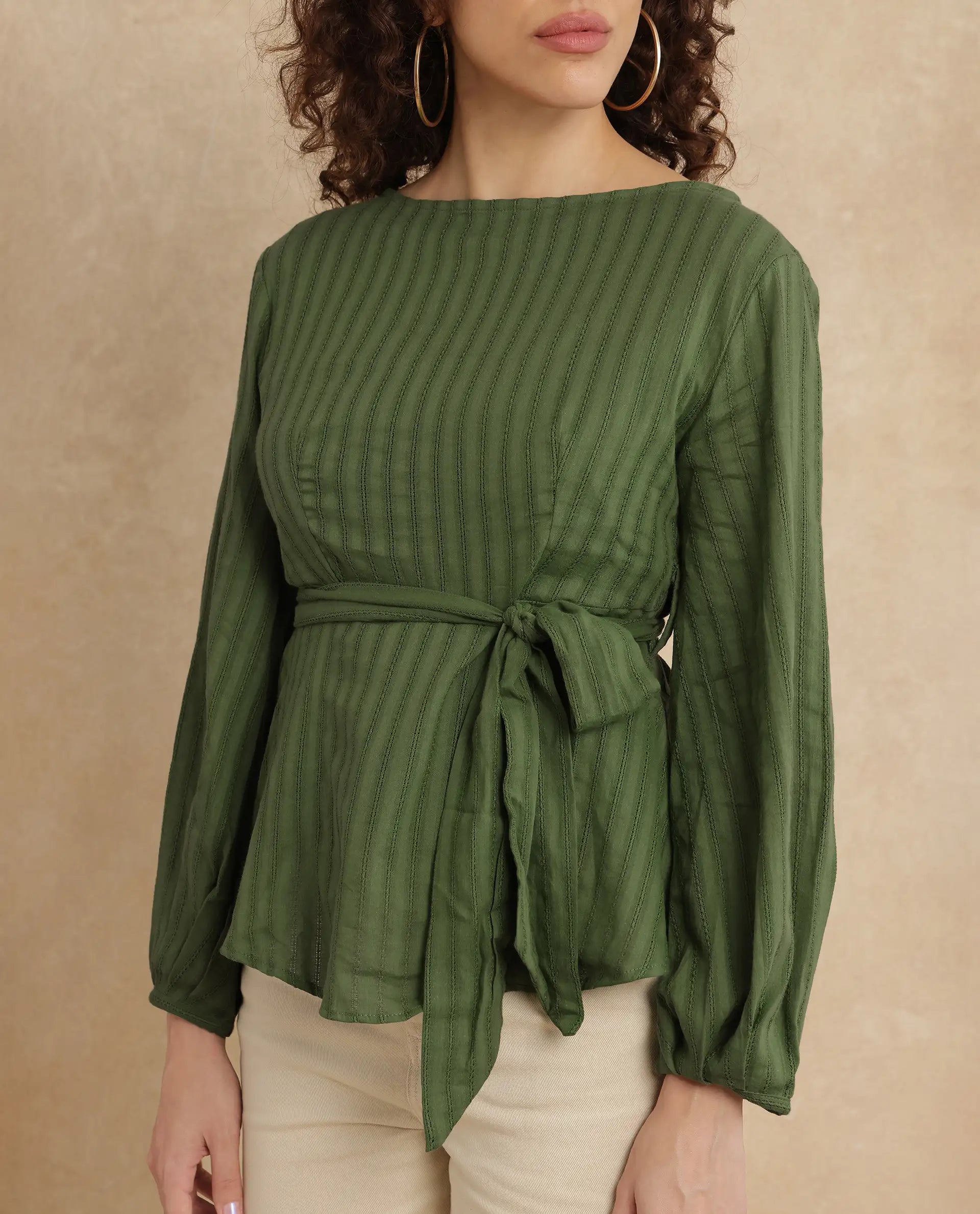 Rareism Women Rono Green Cotton Fabric Cuffed Sleeve Ruffled Neck Regular Fit Plain Top