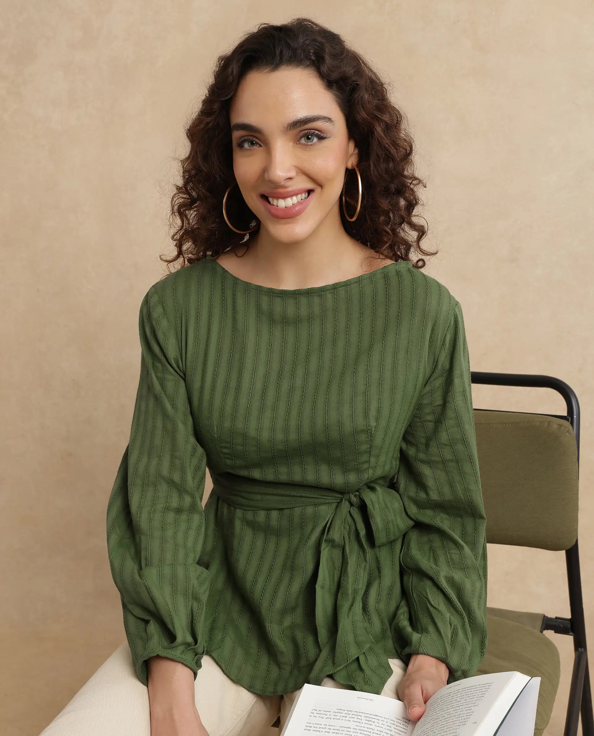 Rareism Women Rono Green Cotton Fabric Cuffed Sleeve Ruffled Neck Regular Fit Plain Top