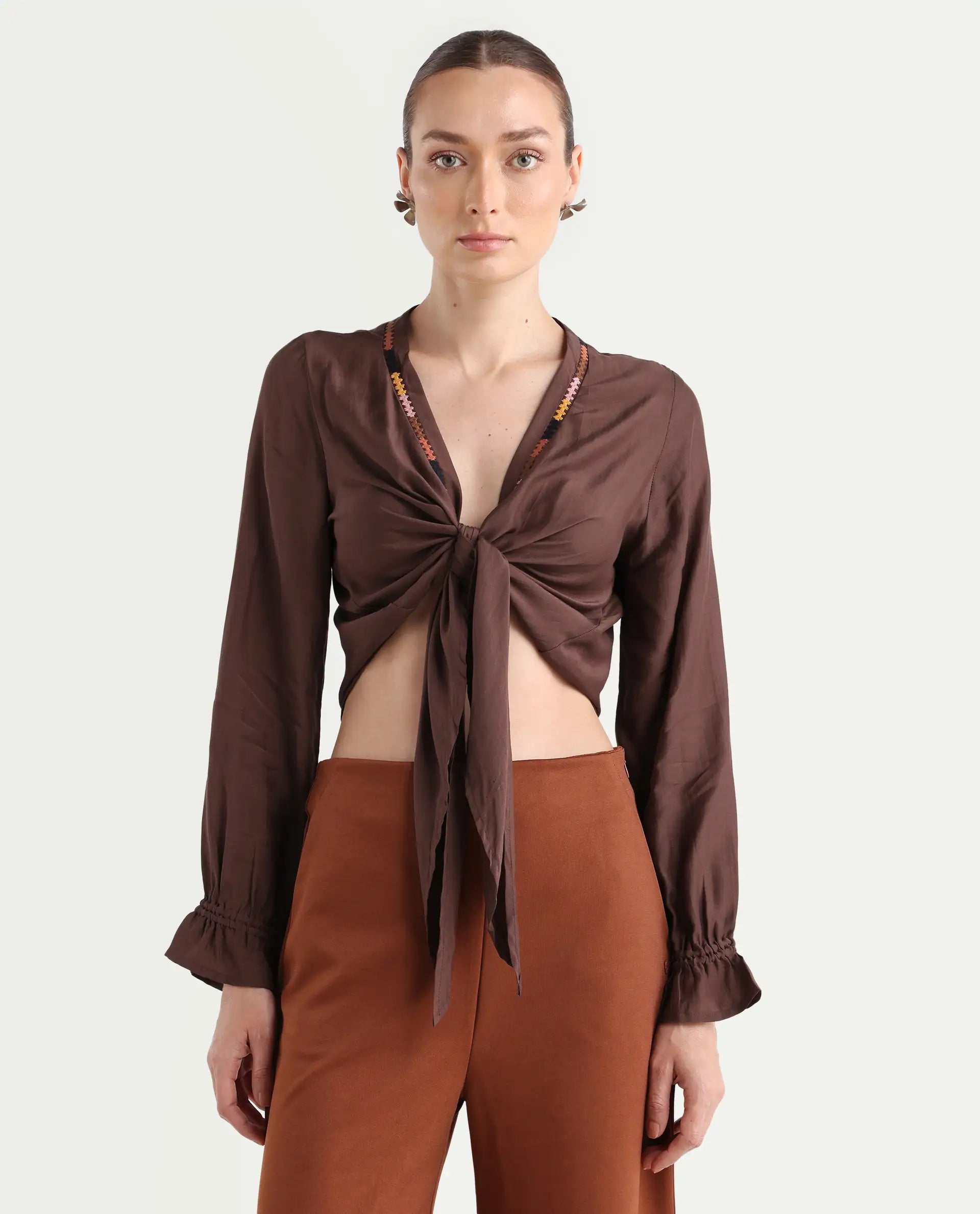 Rareism Women's Ronoko Brown Viscose Blend Collarless Plain Bishop Sleeve Regular Fit Shrug