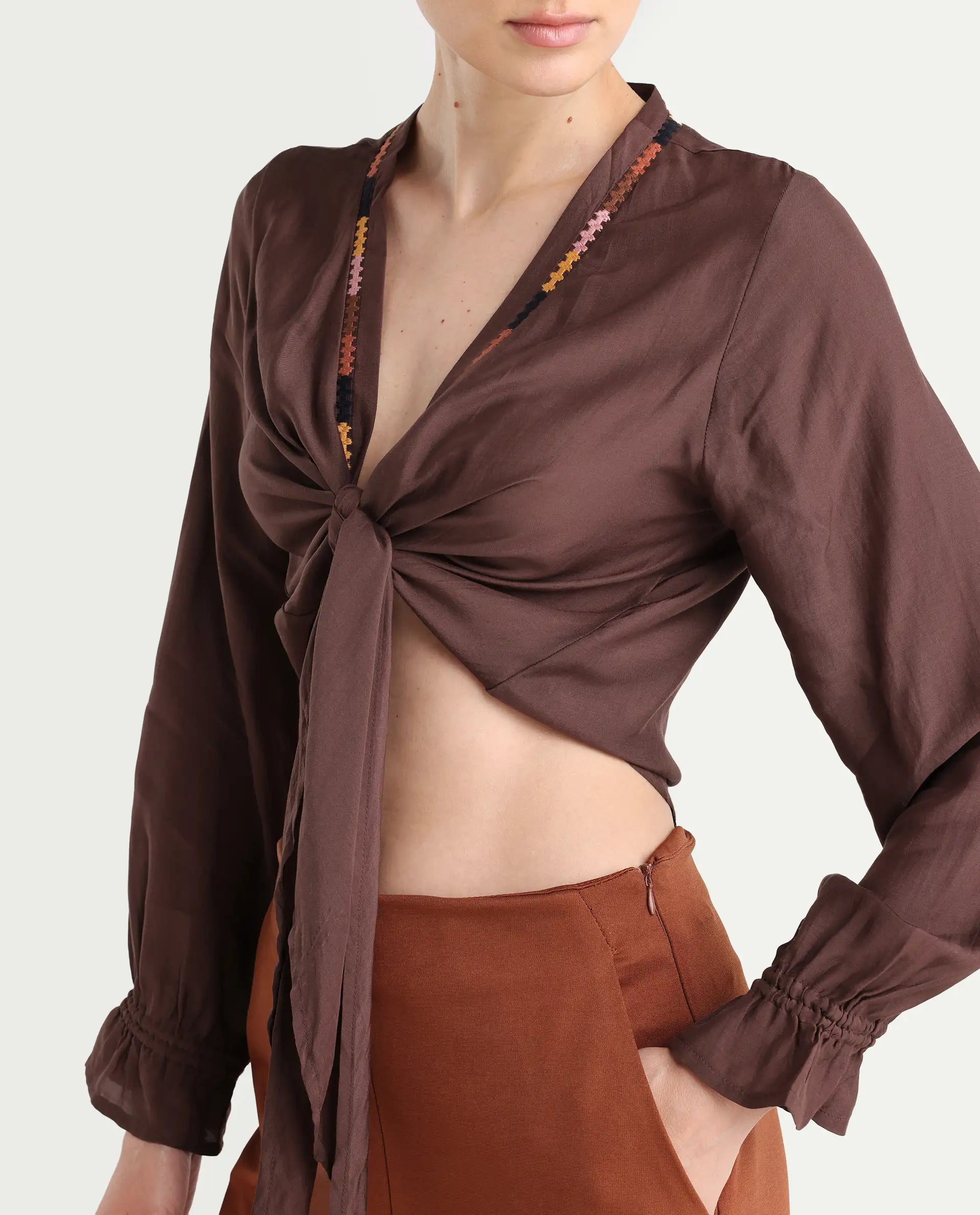 Rareism Women's Ronoko Brown Viscose Blend Collarless Plain Bishop Sleeve Regular Fit Shrug