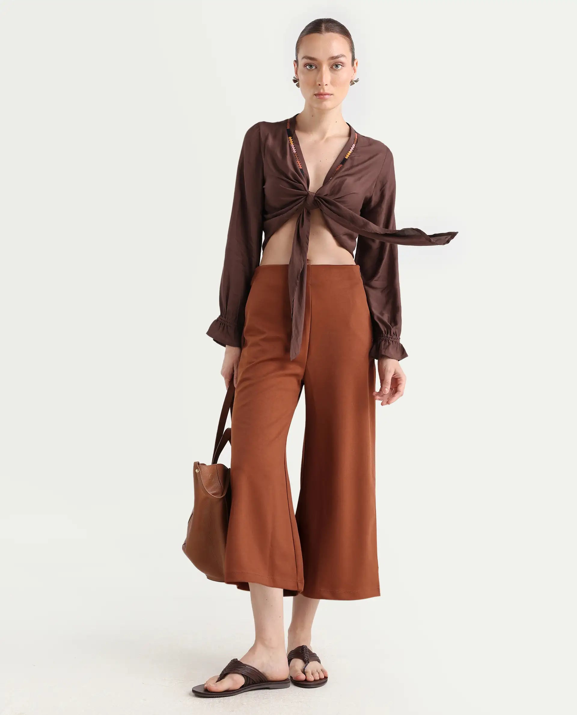 Rareism Women's Ronoko Brown Viscose Blend Collarless Plain Bishop Sleeve Regular Fit Shrug