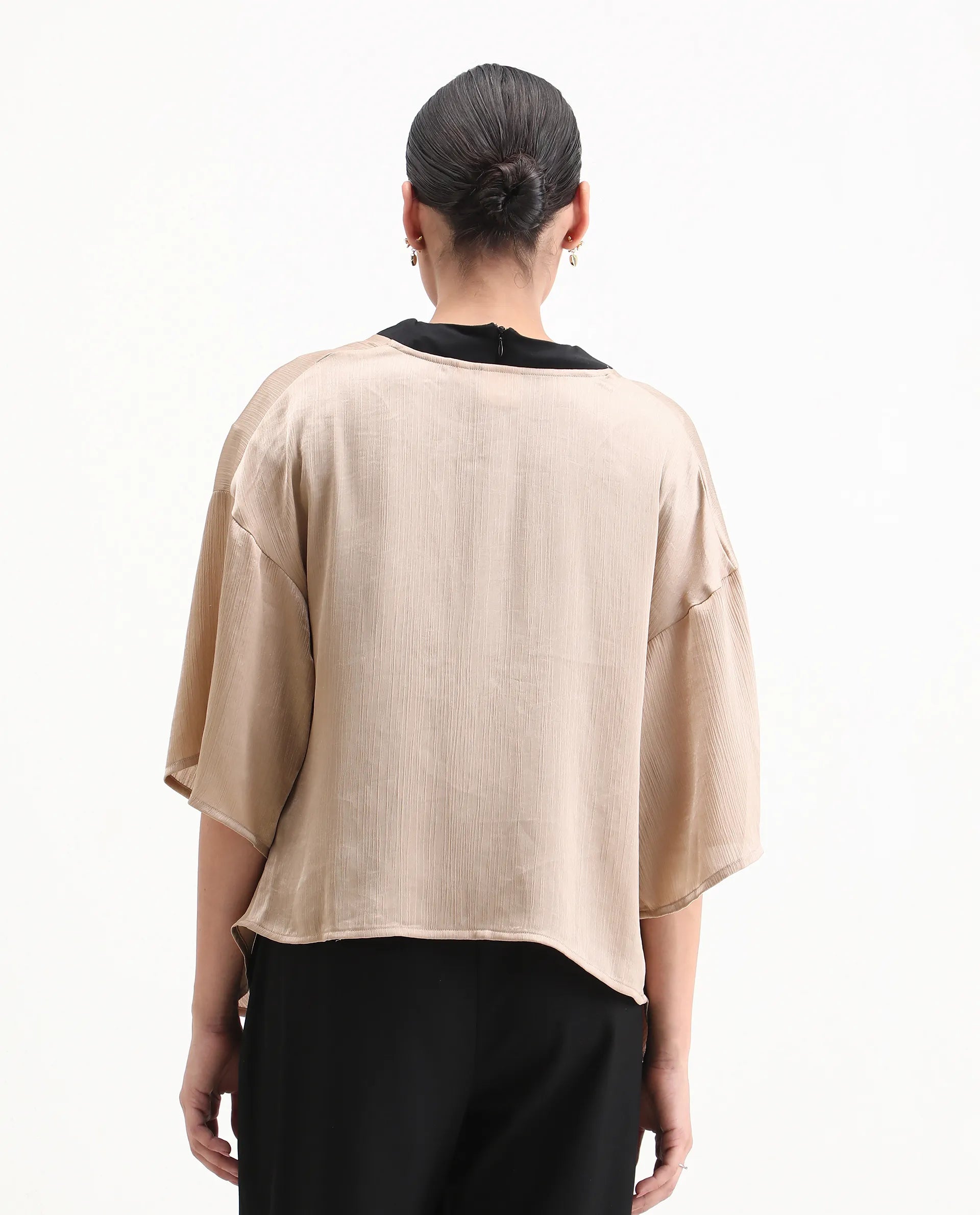 Rareism Women's Ronokya Beige Polyester Collarless Plain Kimono Sleeve Relaxed Fit Shrug