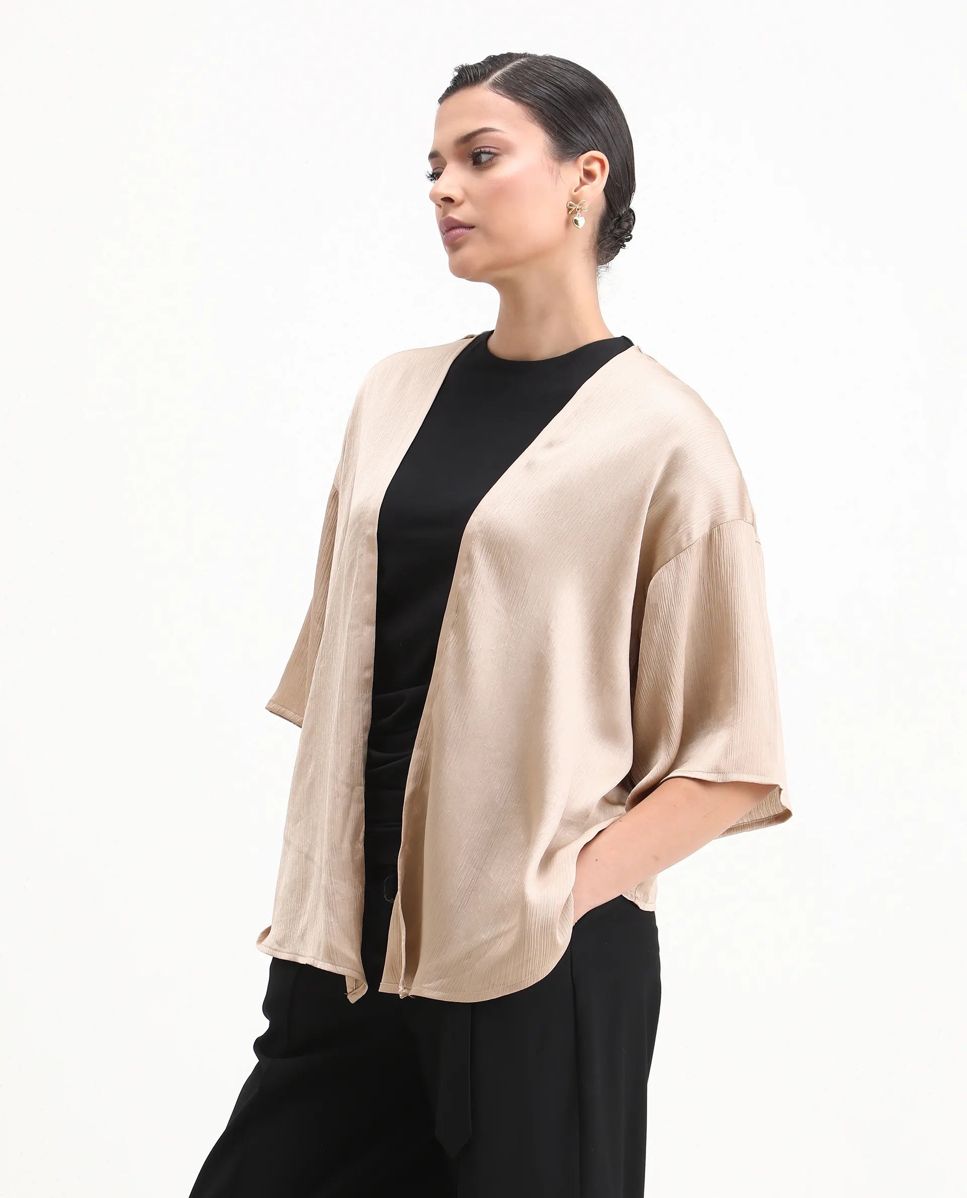 Rareism Women's Ronokya Beige Polyester Collarless Plain Kimono Sleeve Relaxed Fit Shrug