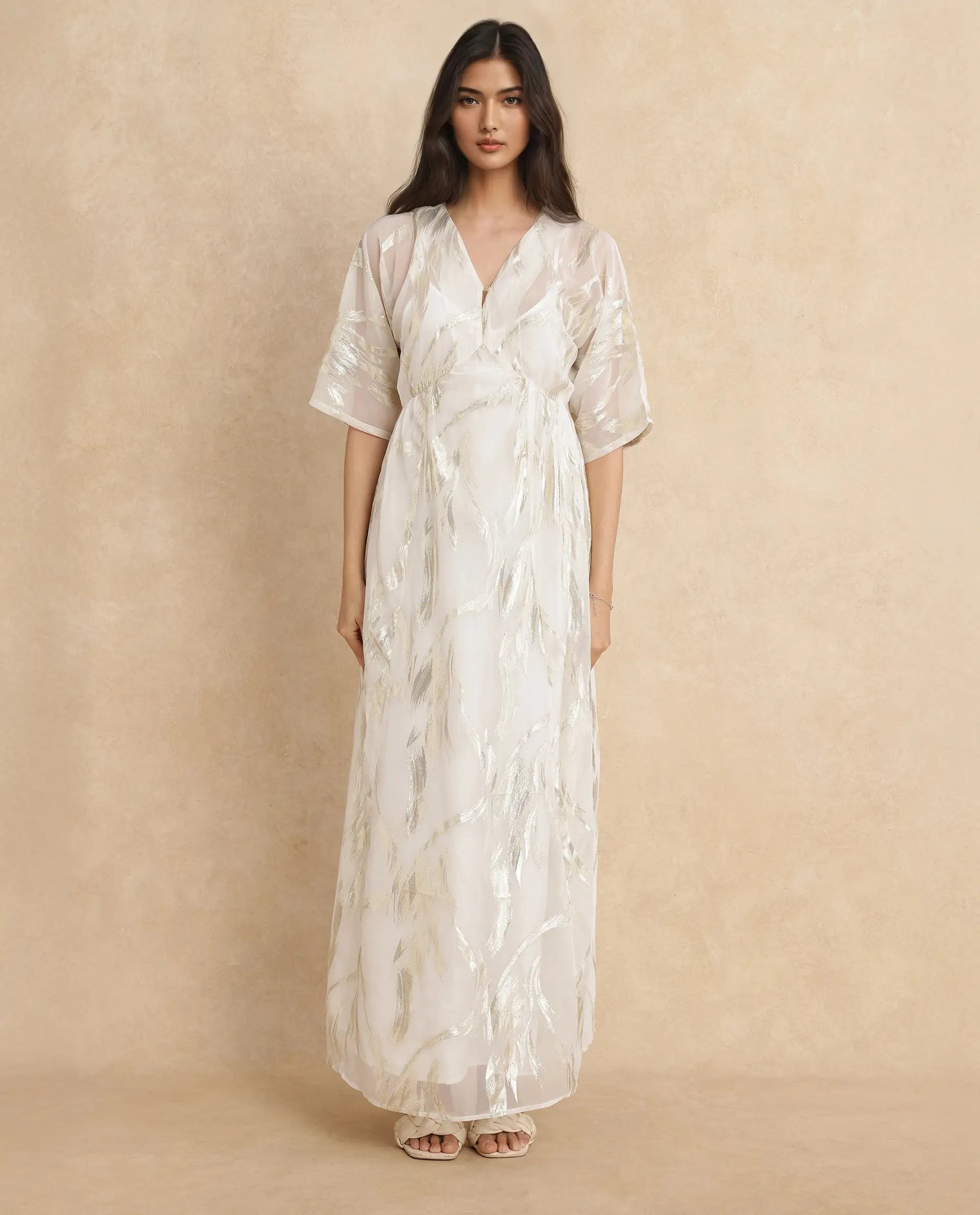 Rareism Women Ronoli Off White Polyester Fabric V-Neck Flared fit Maxi Textured Dress