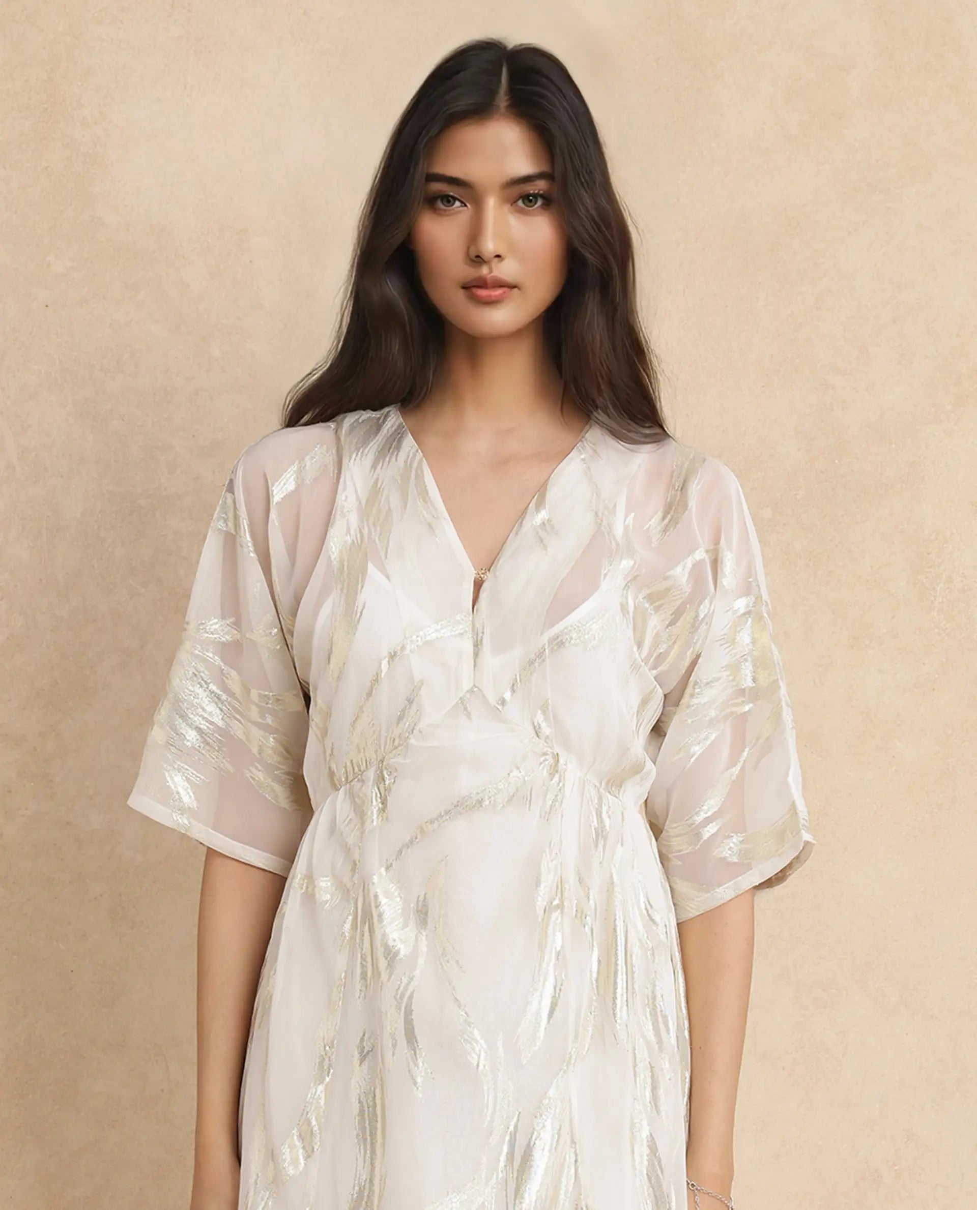 Rareism Women Ronoli Off White Polyester Fabric V-Neck Flared fit Maxi Textured Dress