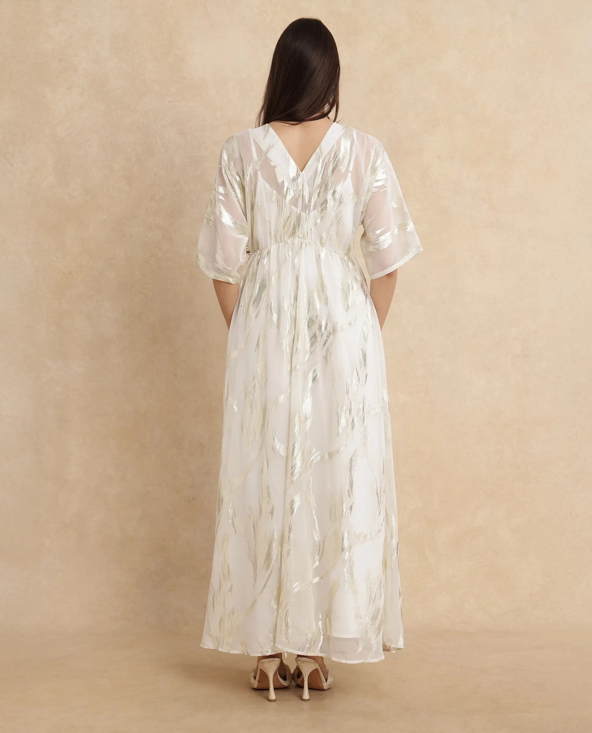 Rareism Women Ronoli Off White Polyester Fabric V-Neck Flared fit Maxi Textured Dress