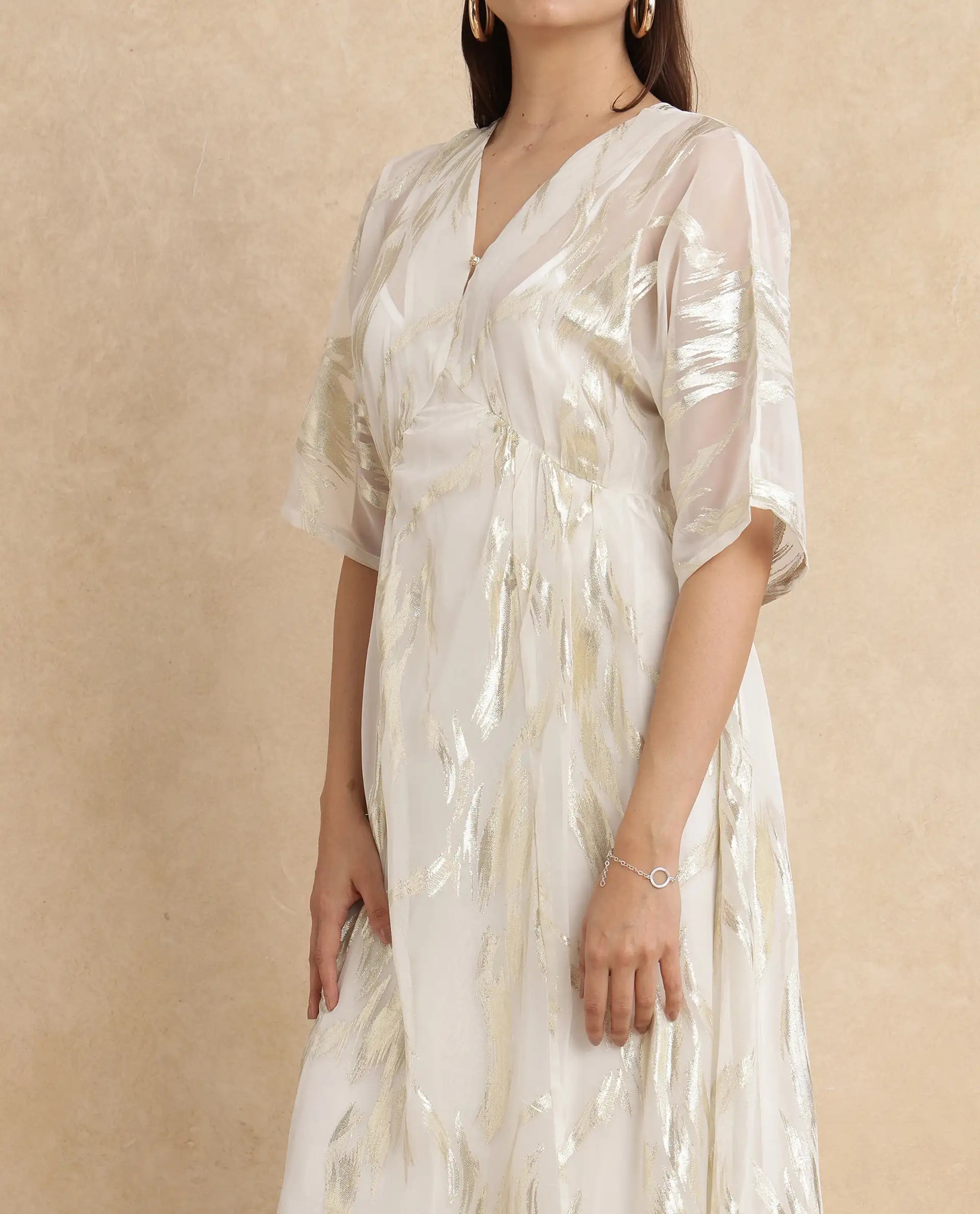 Rareism Women Ronoli Off White Polyester Fabric V-Neck Flared fit Maxi Textured Dress