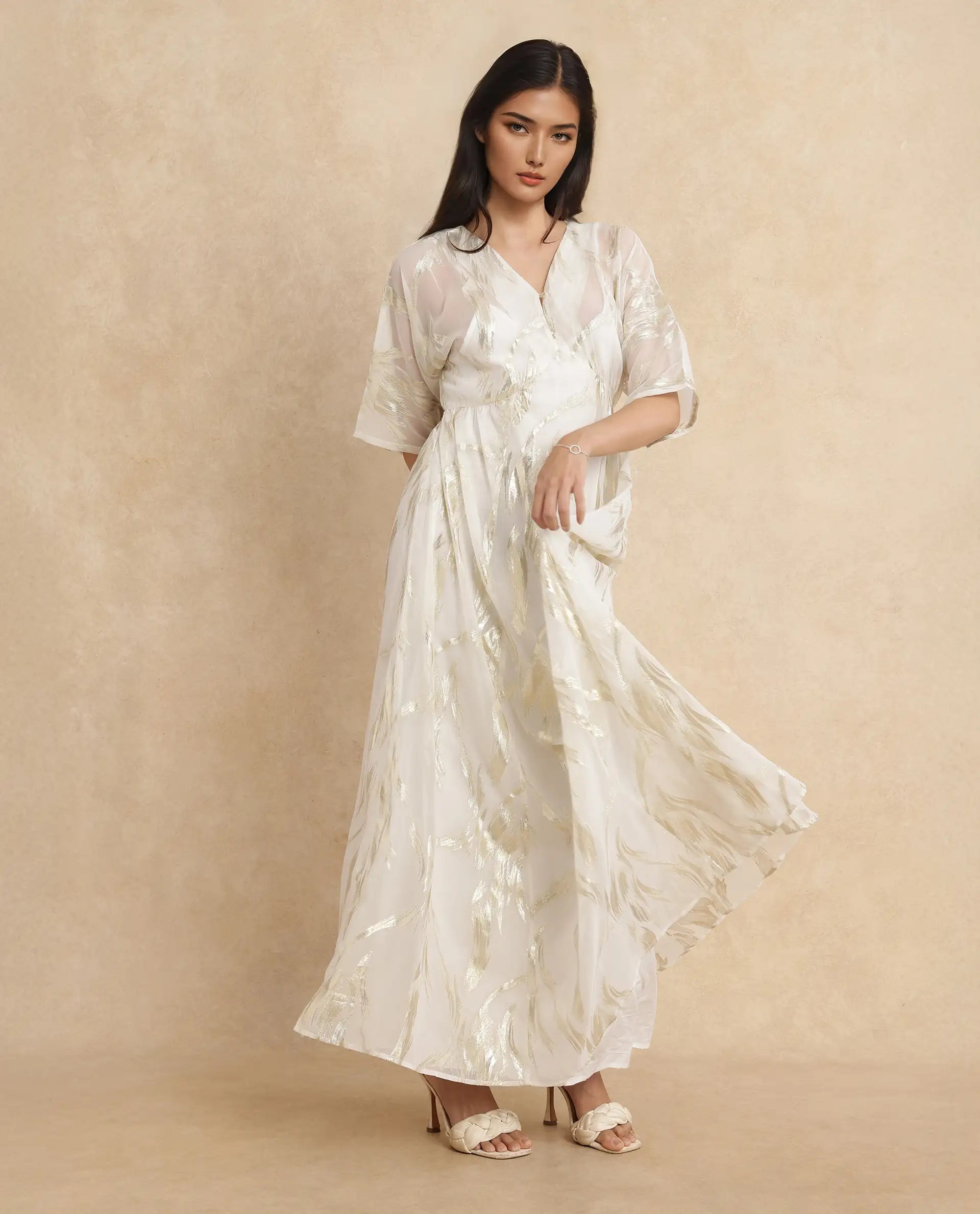 Rareism Women Ronoli Off White Polyester Fabric V-Neck Flared fit Maxi Textured Dress