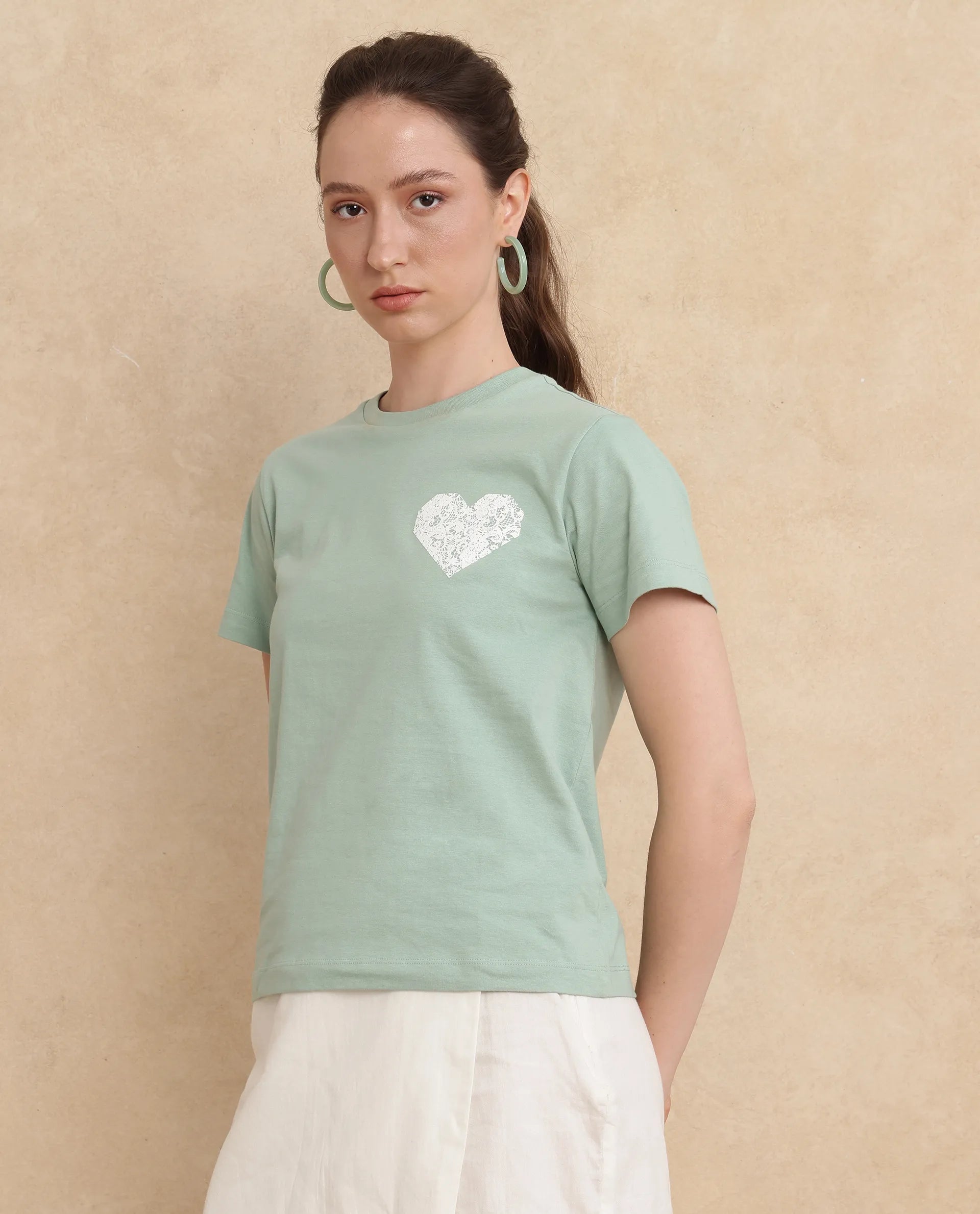 Rareism Women Ronpel Light Green Cotton Fabric Short Sleeve Regular Fit Abstract T-Shirt