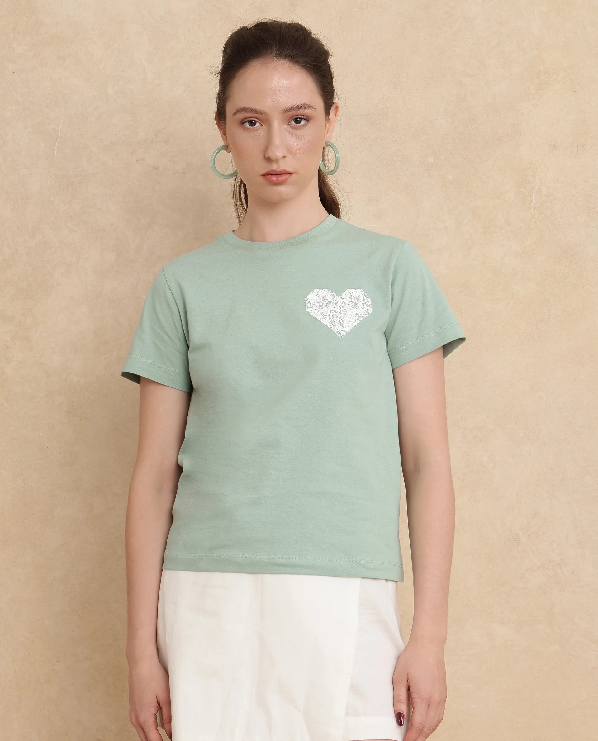 Rareism Women Ronpel Light Green Cotton Fabric Short Sleeve Regular Fit Abstract T-Shirt