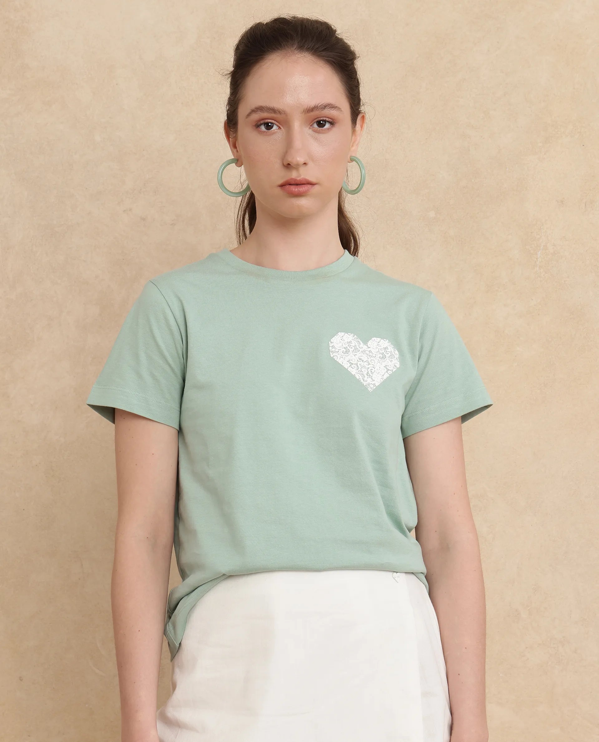 Rareism Women Ronpel Light Green Cotton Fabric Short Sleeve Regular Fit Abstract T-Shirt