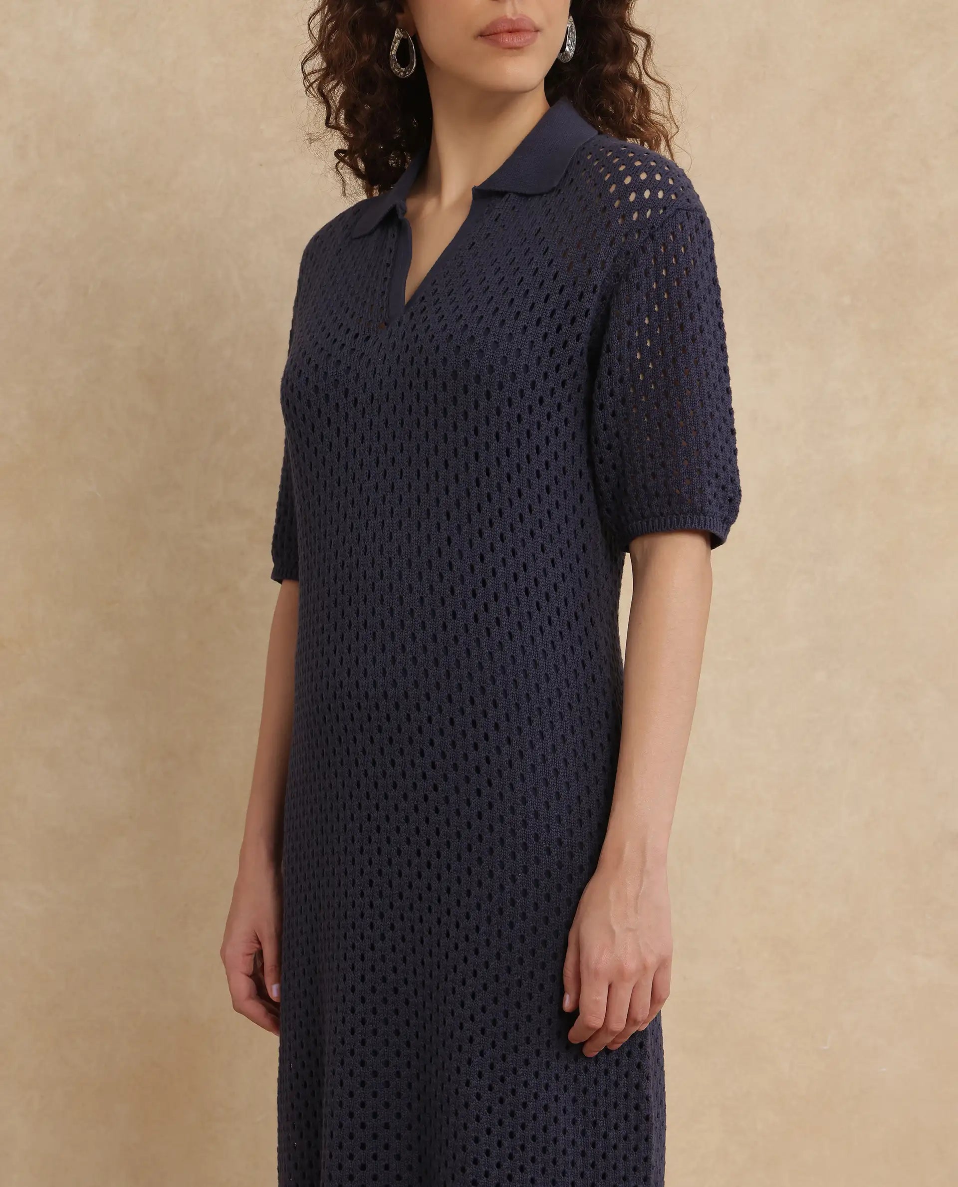 Rareism Women Ronpen Navy Cotton Fabric Sleeve Less Relaxed Fit Dress