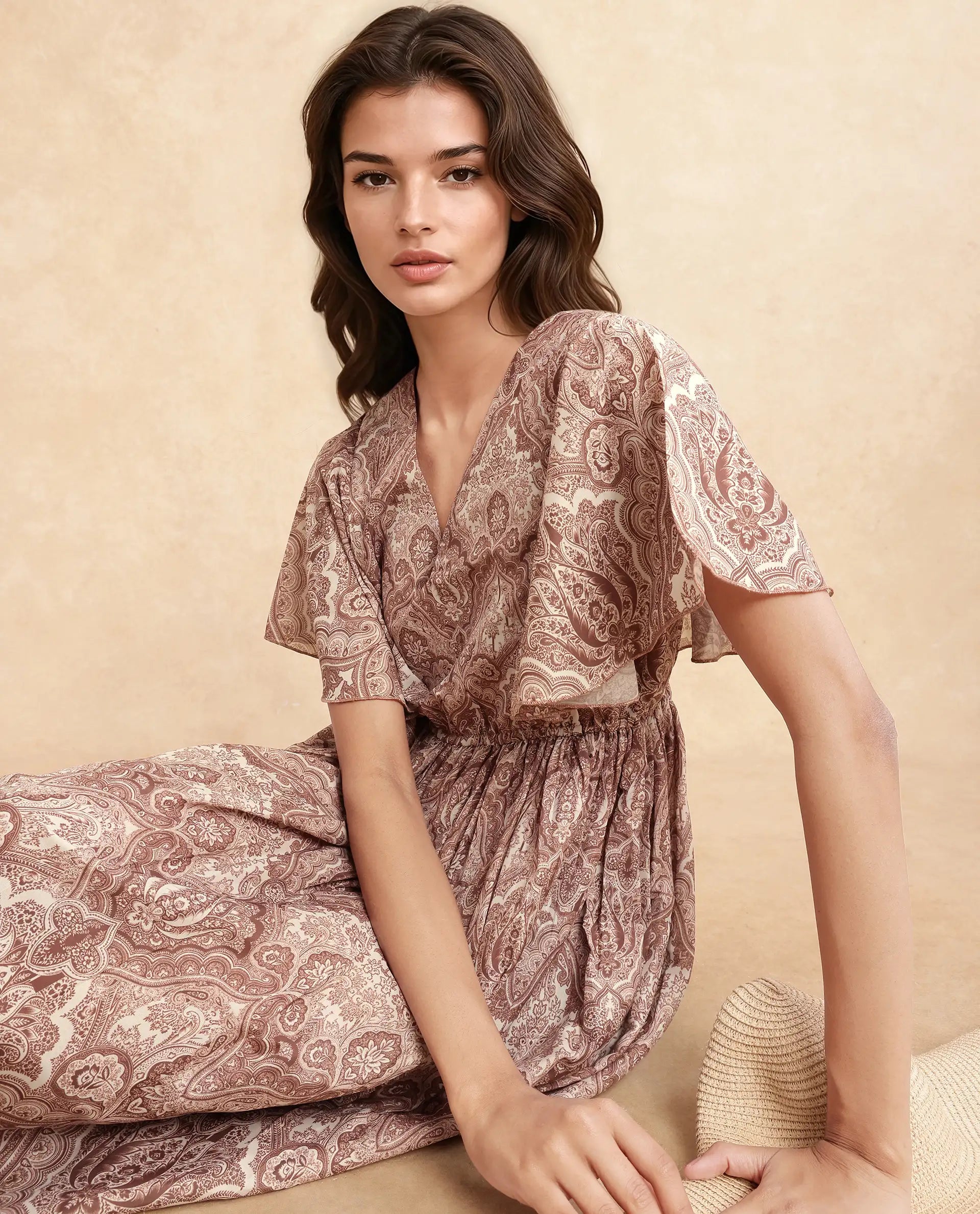 Rareism Women Ronruf Light Brown Polyester Fabric Ruffled Sleeve V-Neck A-Line Midi Ornamental Print Dress