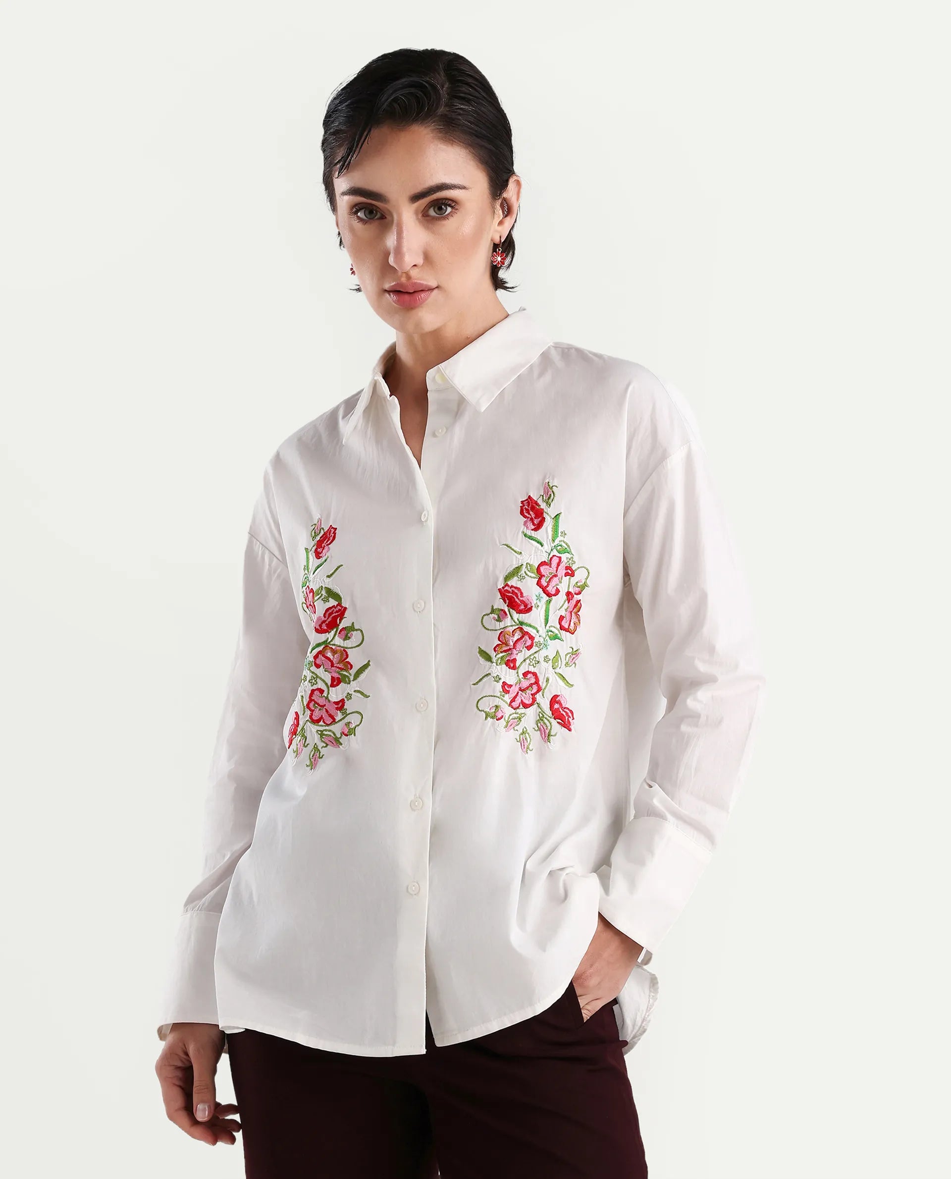 Rareism Women's Ronshei White Cotton Spread Collar Floral Print Regular Fit Shirt
