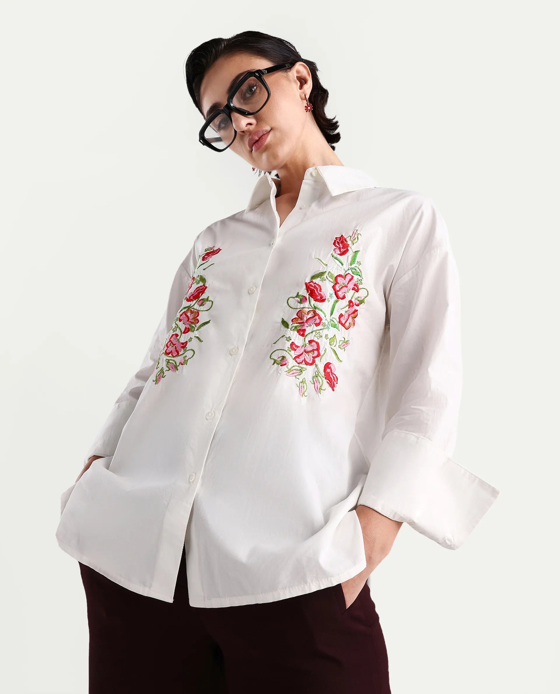 Rareism Women's Ronshei White Cotton Spread Collar Floral Print Regular Fit Shirt