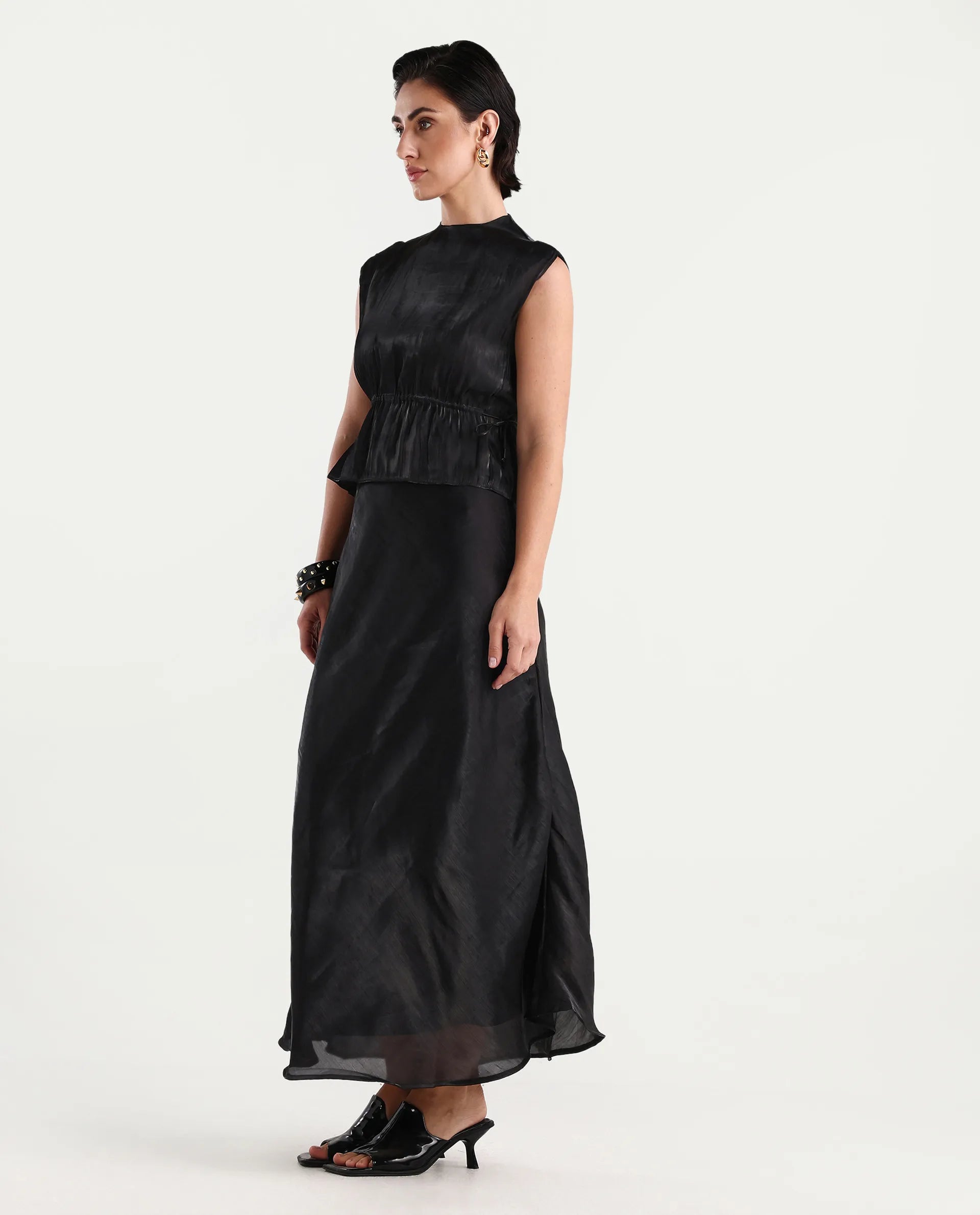 Rareism Women's Ronski Black Polyester Plain Maxi A-Line Skirt