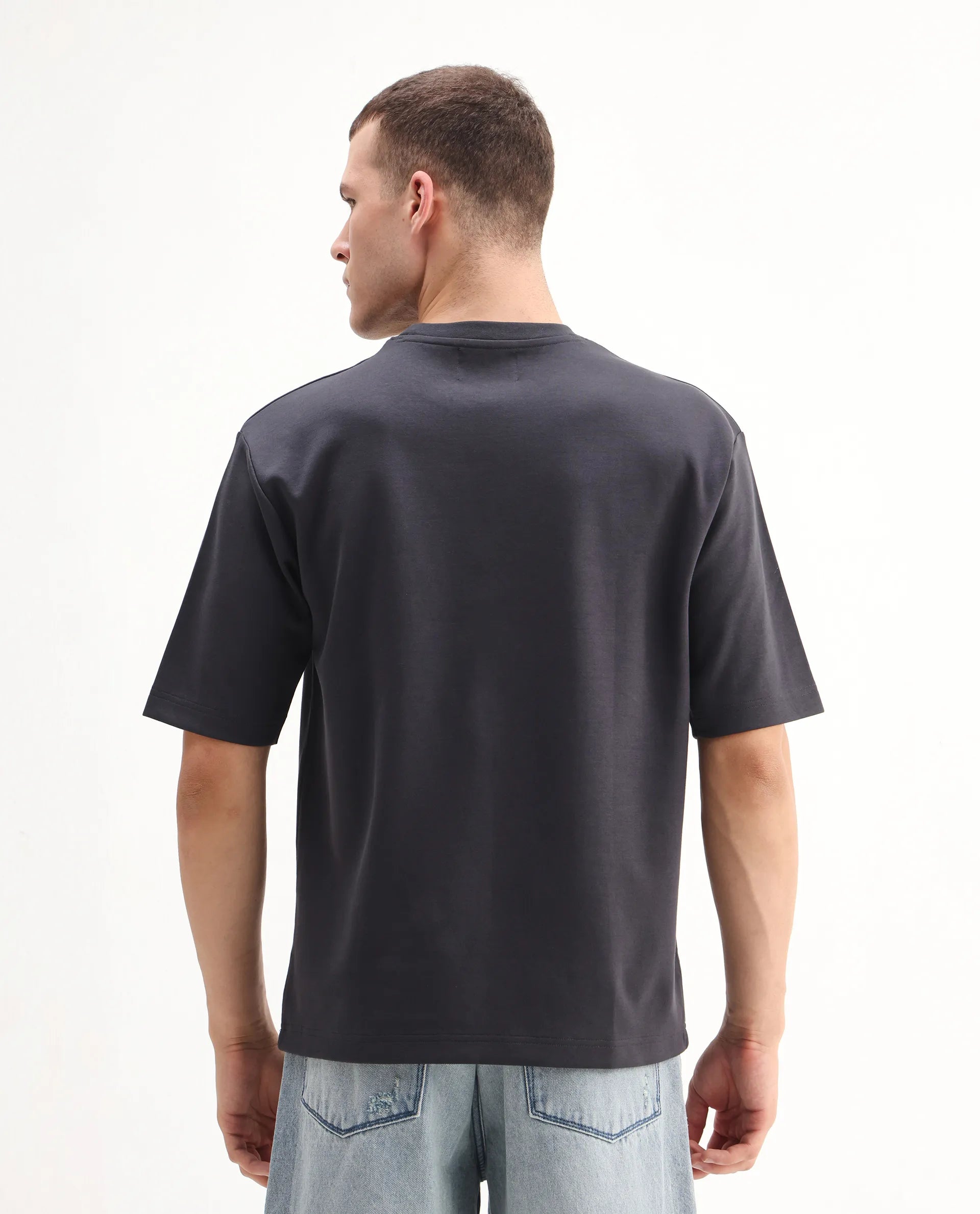 Rare Rabbit Men's Ronto-T Dark Grey Cotton Blend Graphic Print Oversized Fit Half Sleeve Crew Neck T-Shirt