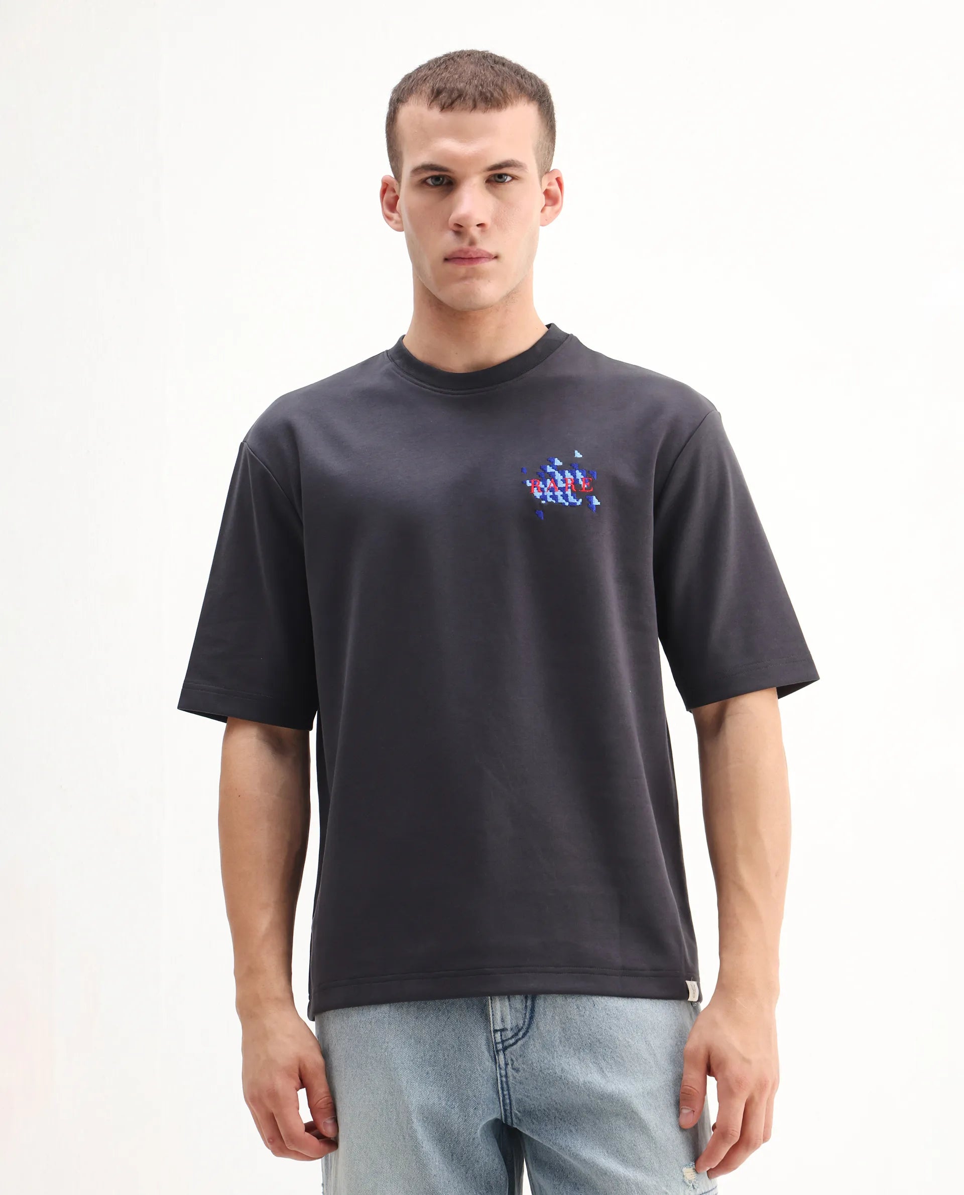 Rare Rabbit Men's Ronto-T Dark Grey Cotton Blend Graphic Print Oversized Fit Half Sleeve Crew Neck T-Shirt