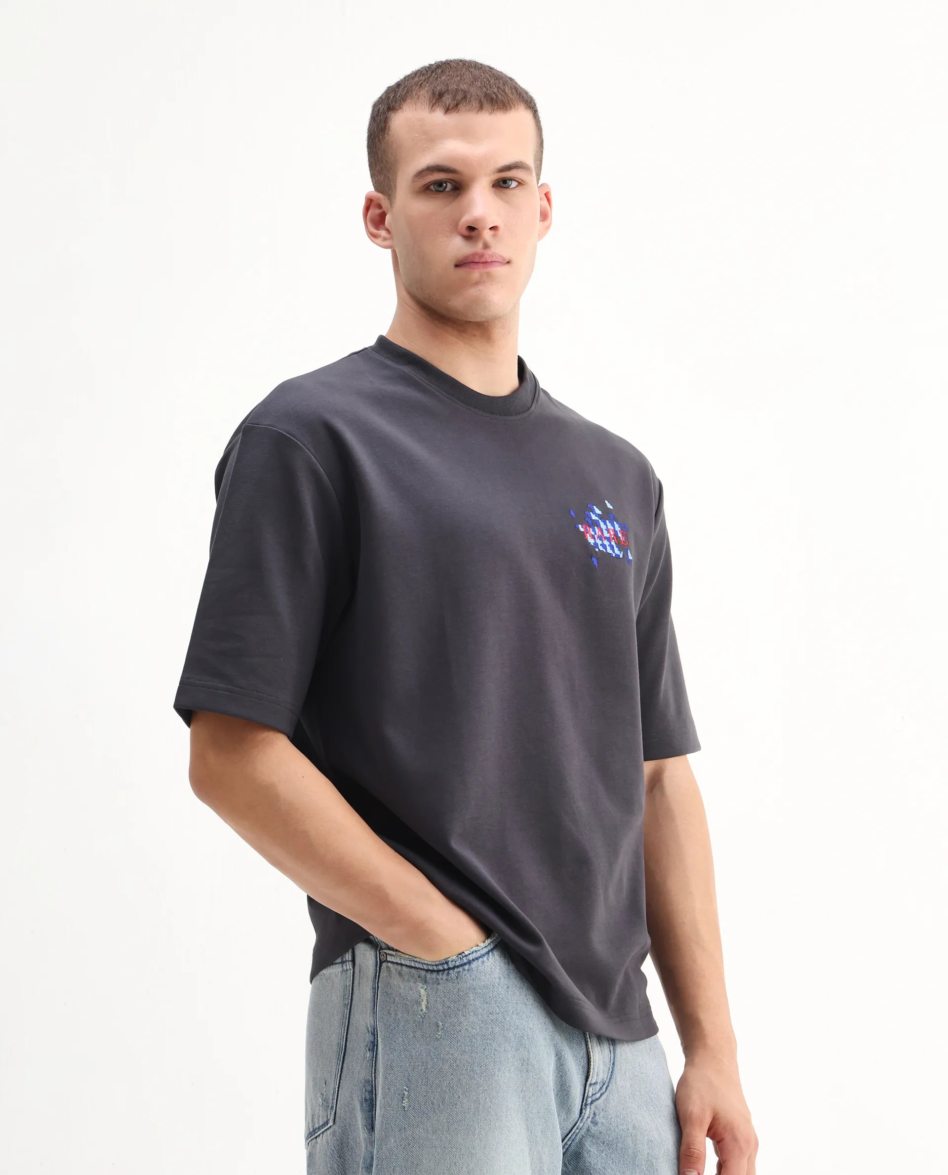 Rare Rabbit Men's Ronto-T Dark Grey Cotton Blend Graphic Print Oversized Fit Half Sleeve Crew Neck T-Shirt