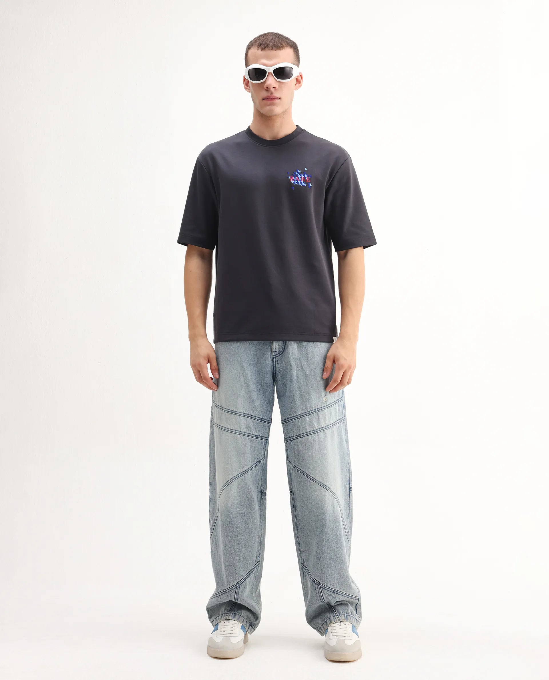 Rare Rabbit Men's Ronto-T Dark Grey Cotton Blend Graphic Print Oversized Fit Half Sleeve Crew Neck T-Shirt