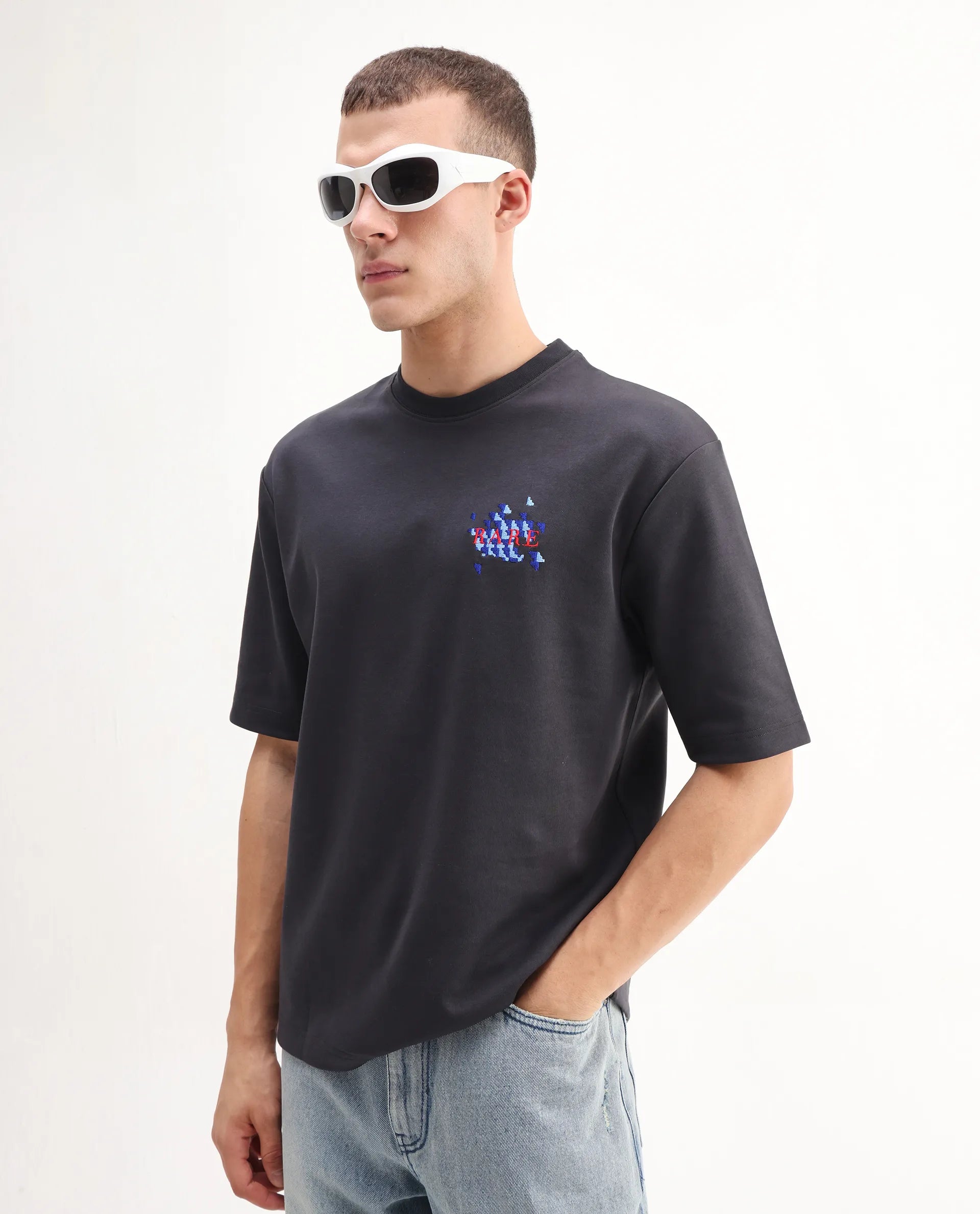 Rare Rabbit Men's Ronto-T Dark Grey Cotton Blend Graphic Print Oversized Fit Half Sleeve Crew Neck T-Shirt