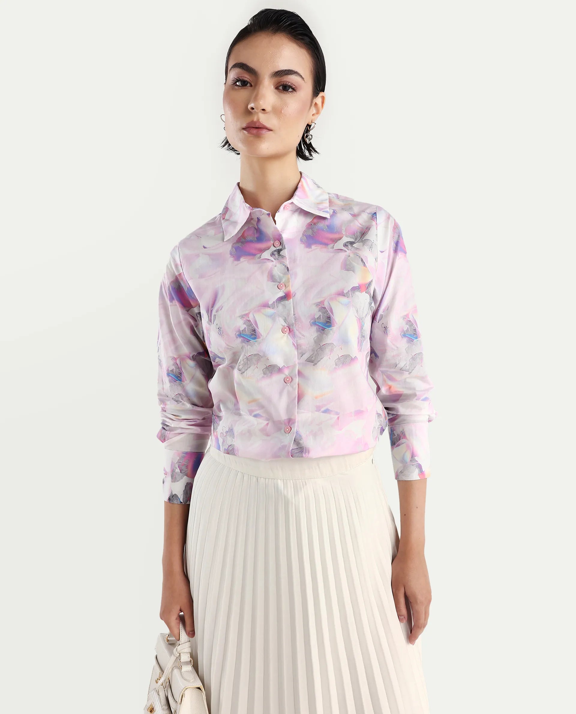 Rareism Women's Ronton Multi Cotton Ribbed Collar Abstract Print Cuffed Sleeve Regular Fit Top