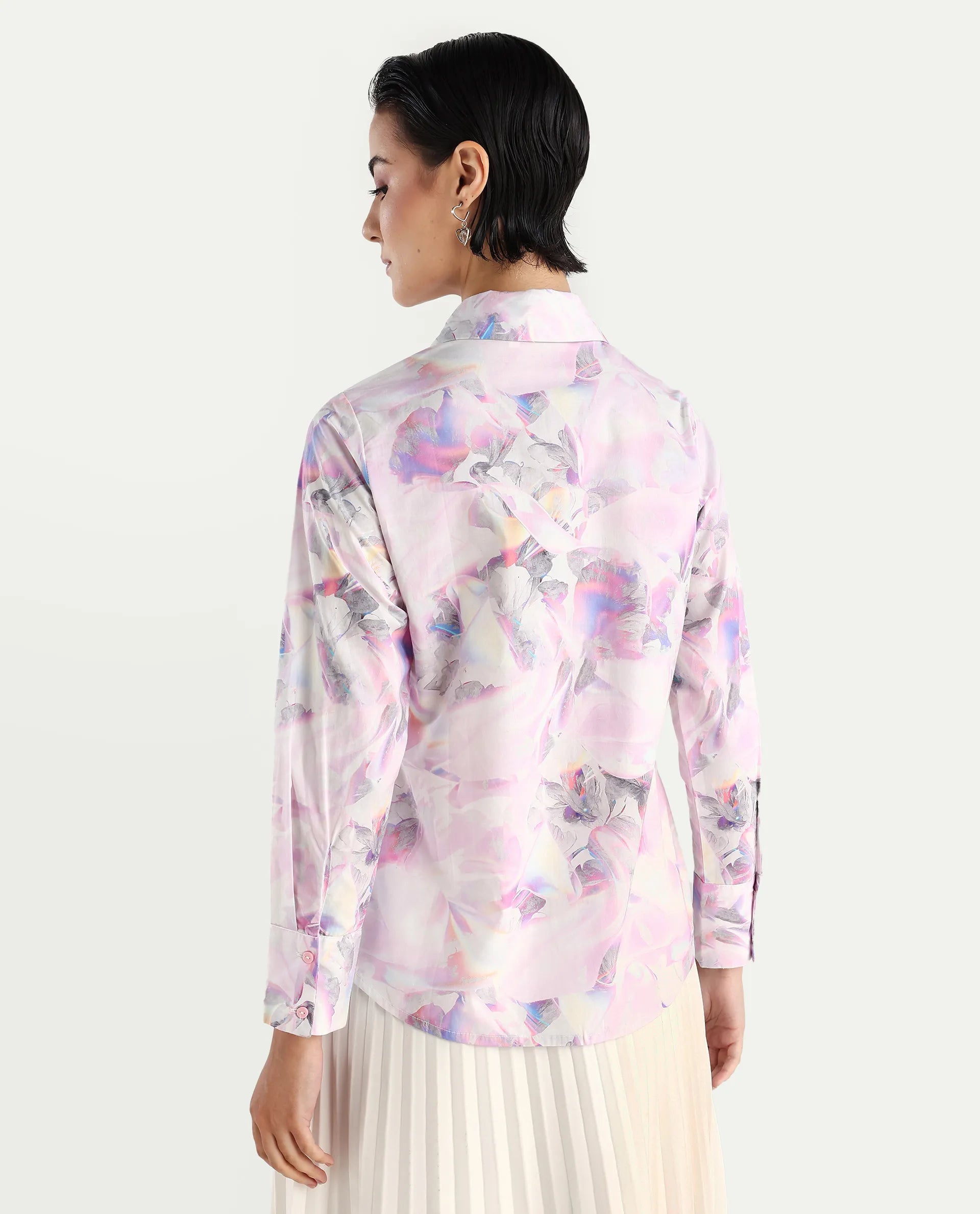 Rareism Women's Ronton Multi Cotton Ribbed Collar Abstract Print Cuffed Sleeve Regular Fit Top