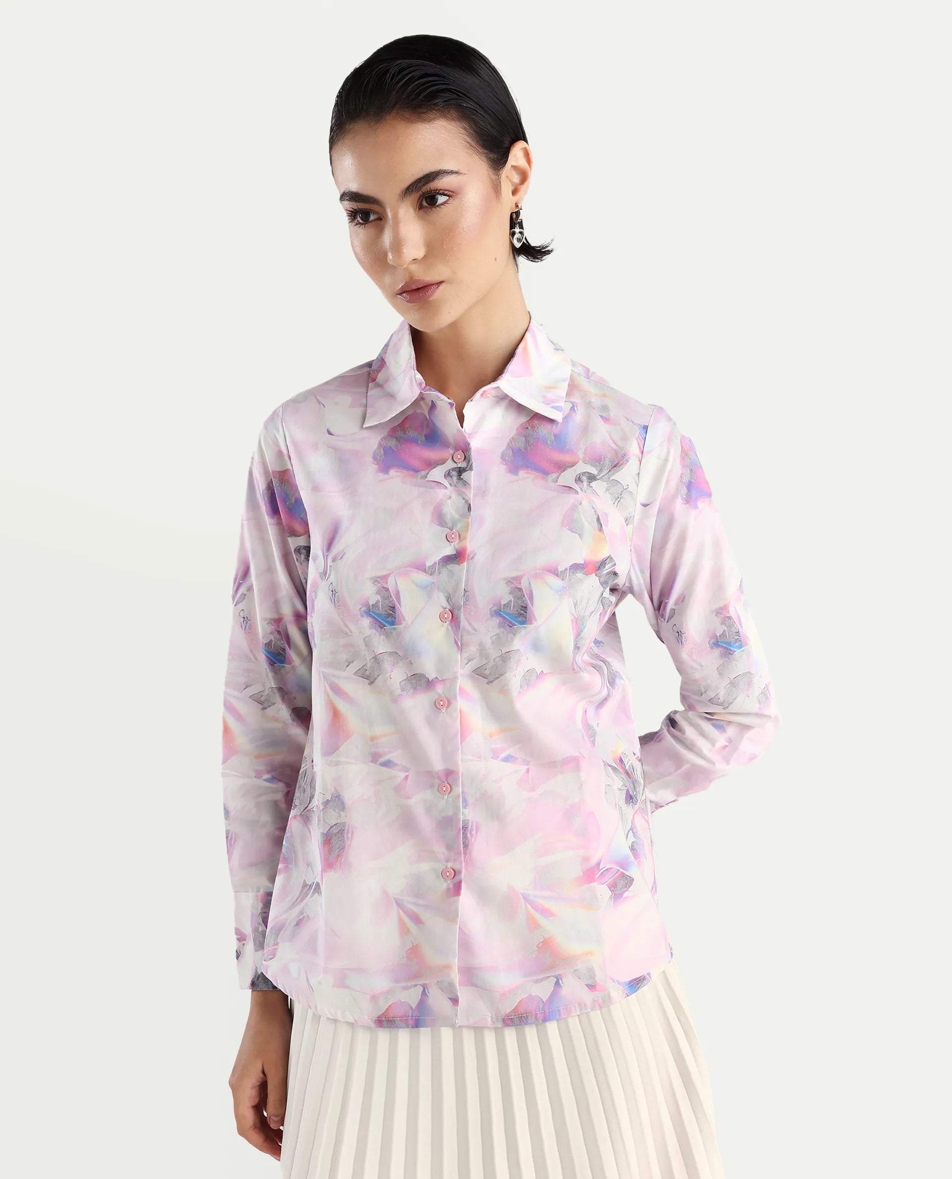 Rareism Women's Ronton Multi Cotton Ribbed Collar Abstract Print Cuffed Sleeve Regular Fit Top