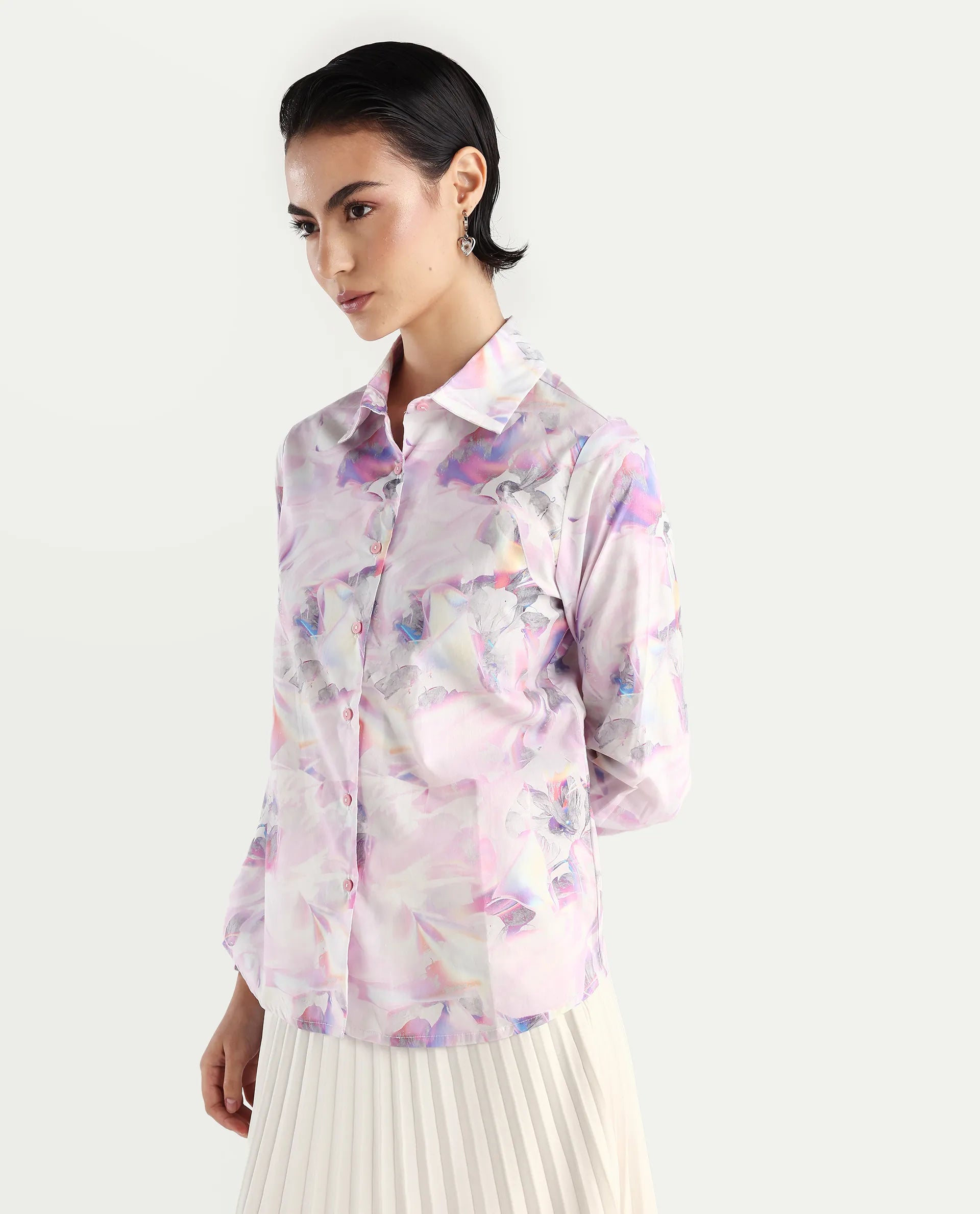 Rareism Women's Ronton Multi Cotton Ribbed Collar Abstract Print Cuffed Sleeve Regular Fit Top