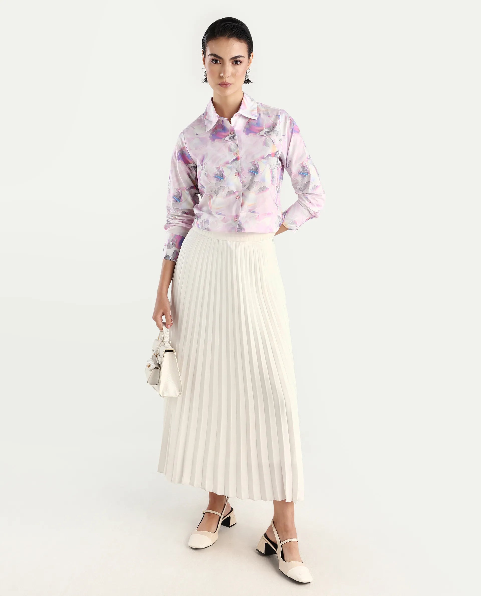 Rareism Women's Ronton Multi Cotton Ribbed Collar Abstract Print Cuffed Sleeve Regular Fit Top