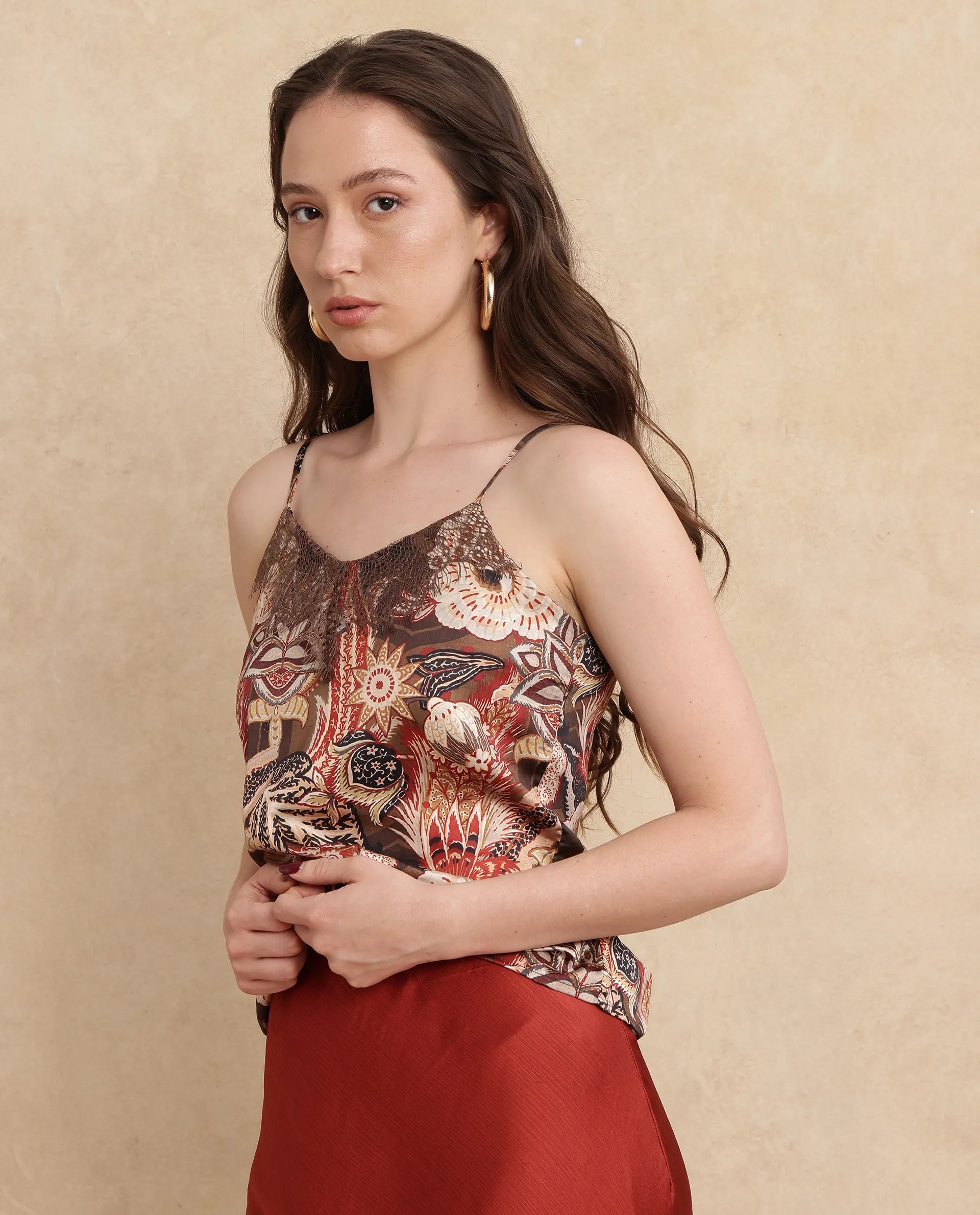 Rareism Women Ronu Brown Polyester Fabric Sleeveless V-Neck Regular Fit Abstract Print Top