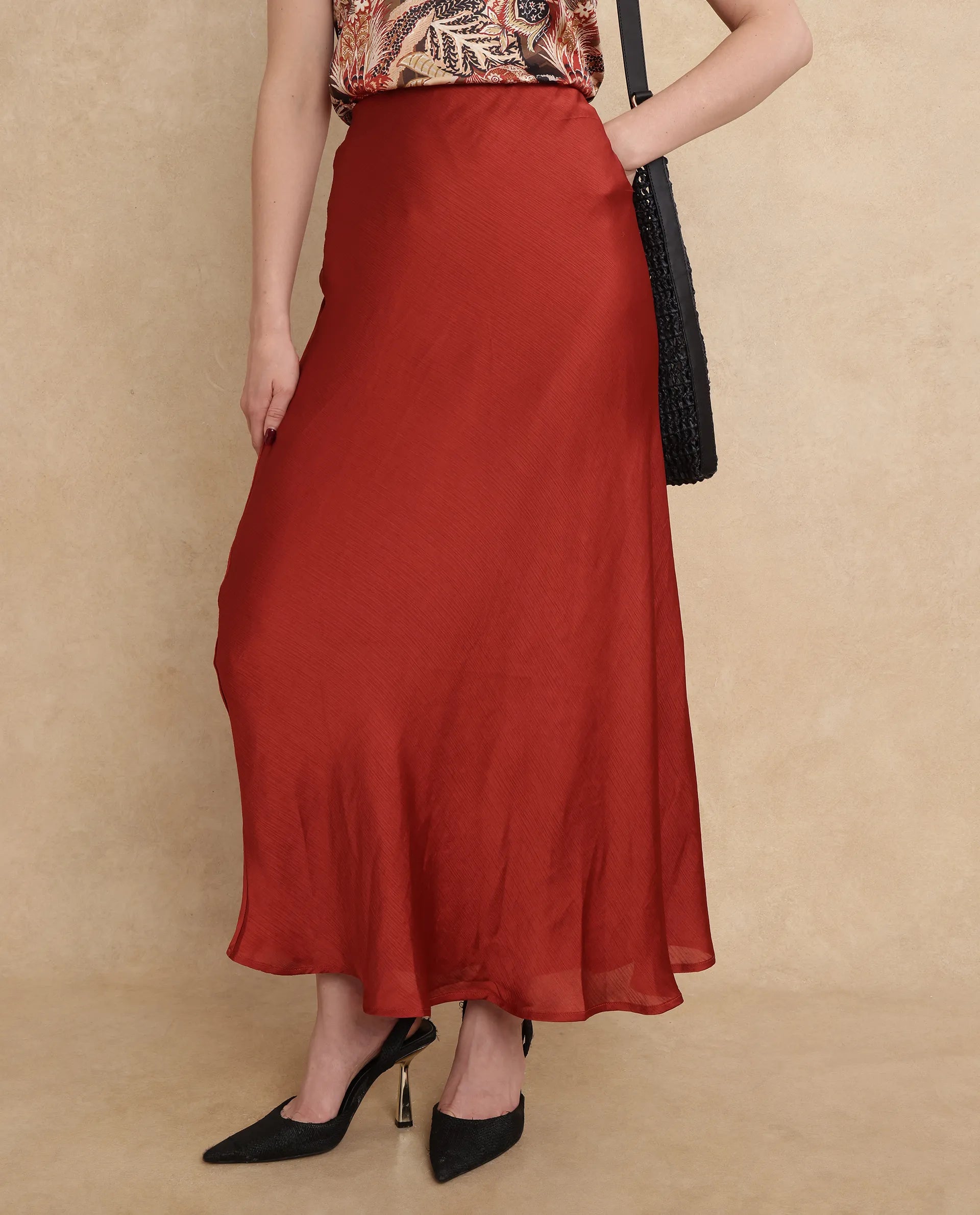 Rareism Women Ronu-B Rust Polyester Fabric Fitted Maxi Plain Skirt