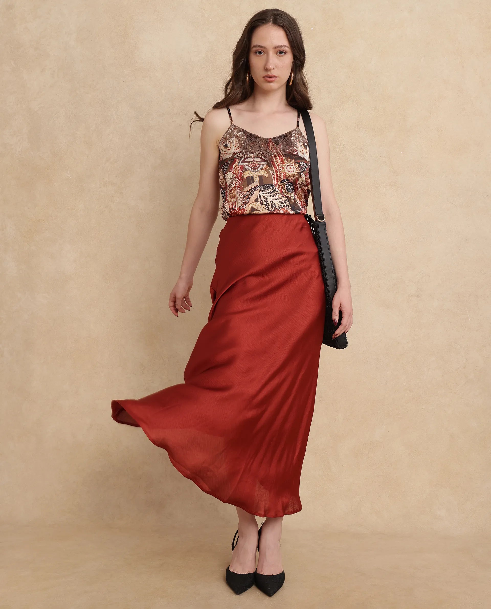 Rareism Women Ronu-B Rust Polyester Fabric Fitted Maxi Plain Skirt