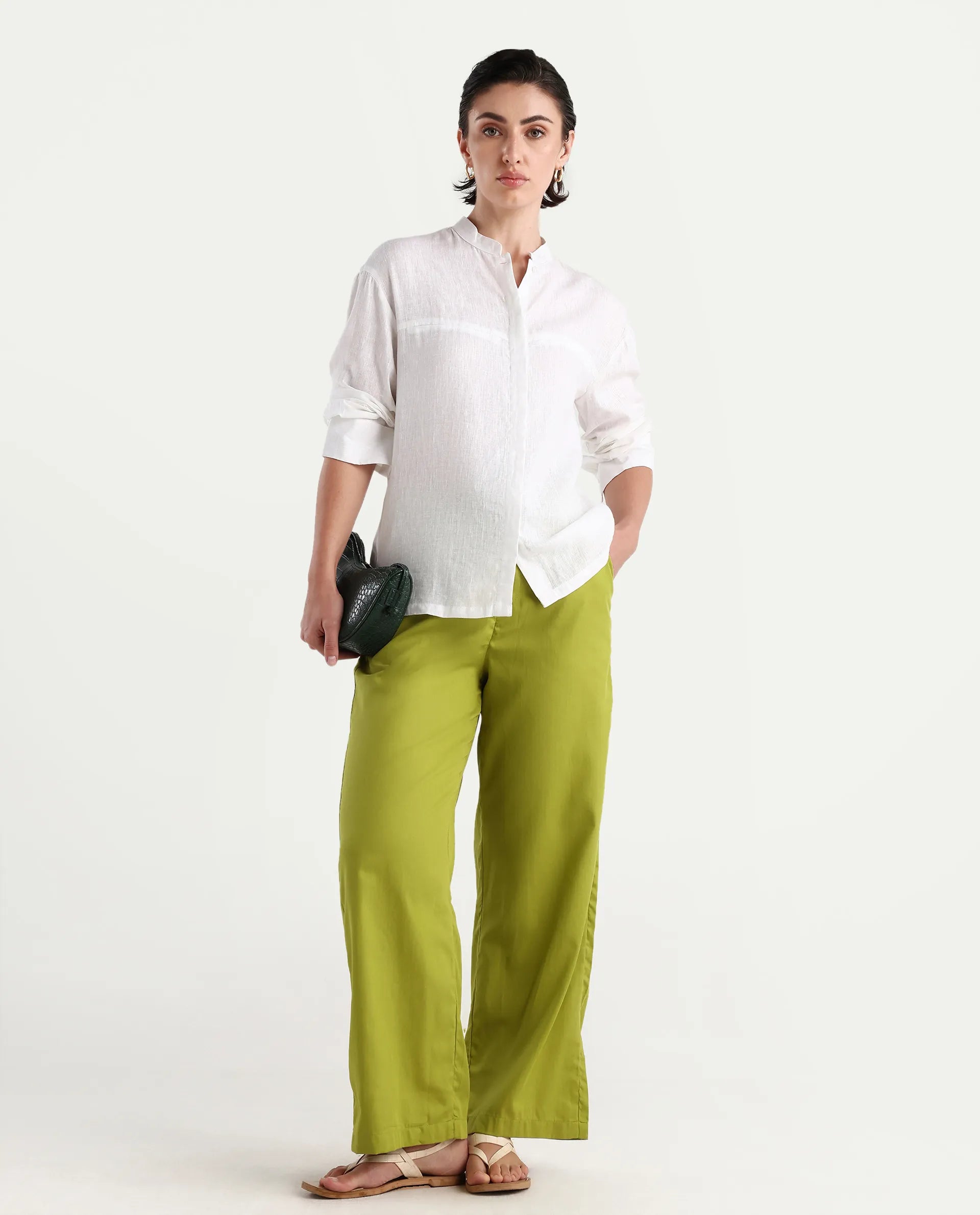 Rareism Women's Ronuo Olive Cotton Plain Ankle Length Straight Fit Trouser