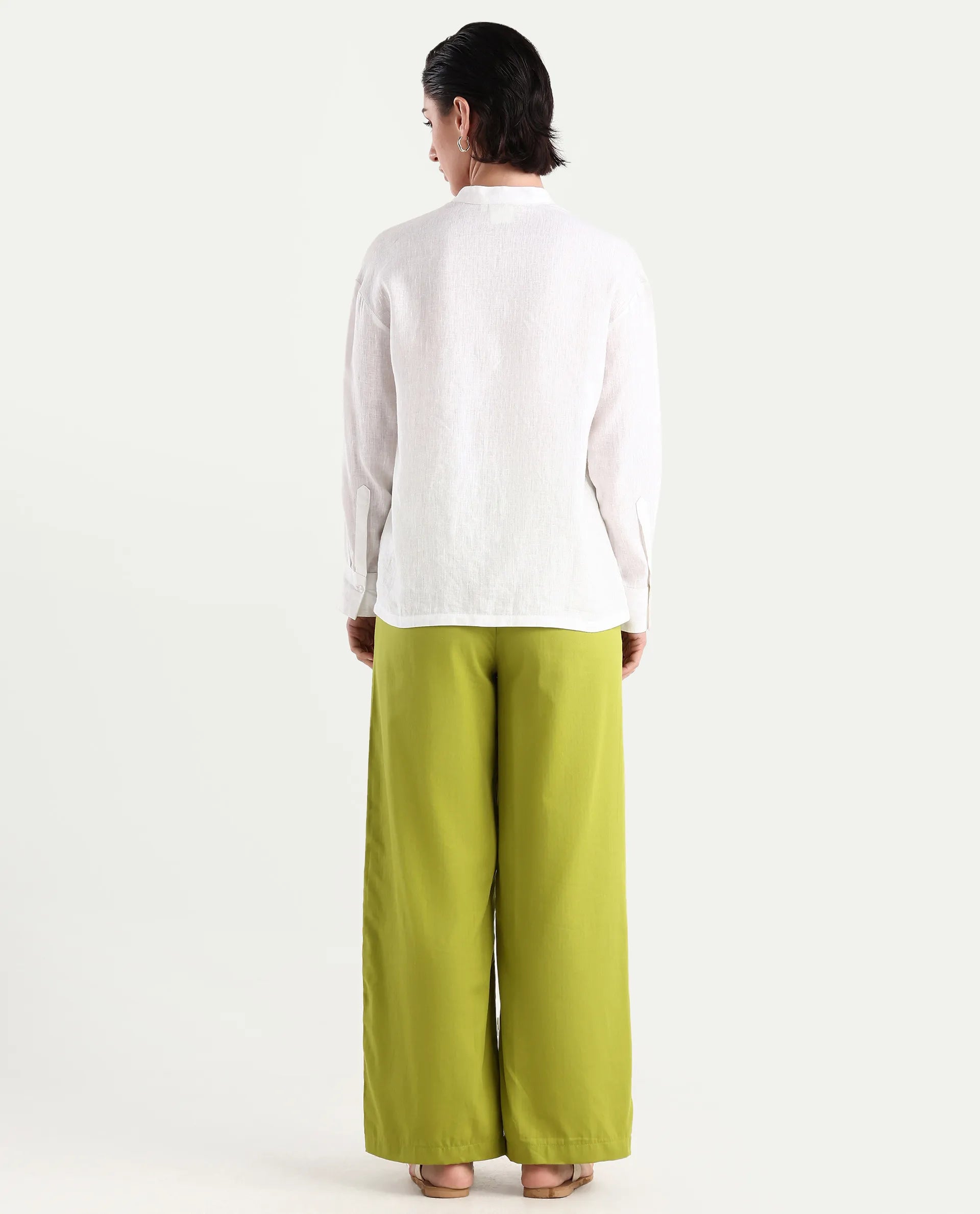 Rareism Women's Ronuo Olive Cotton Plain Ankle Length Straight Fit Trouser