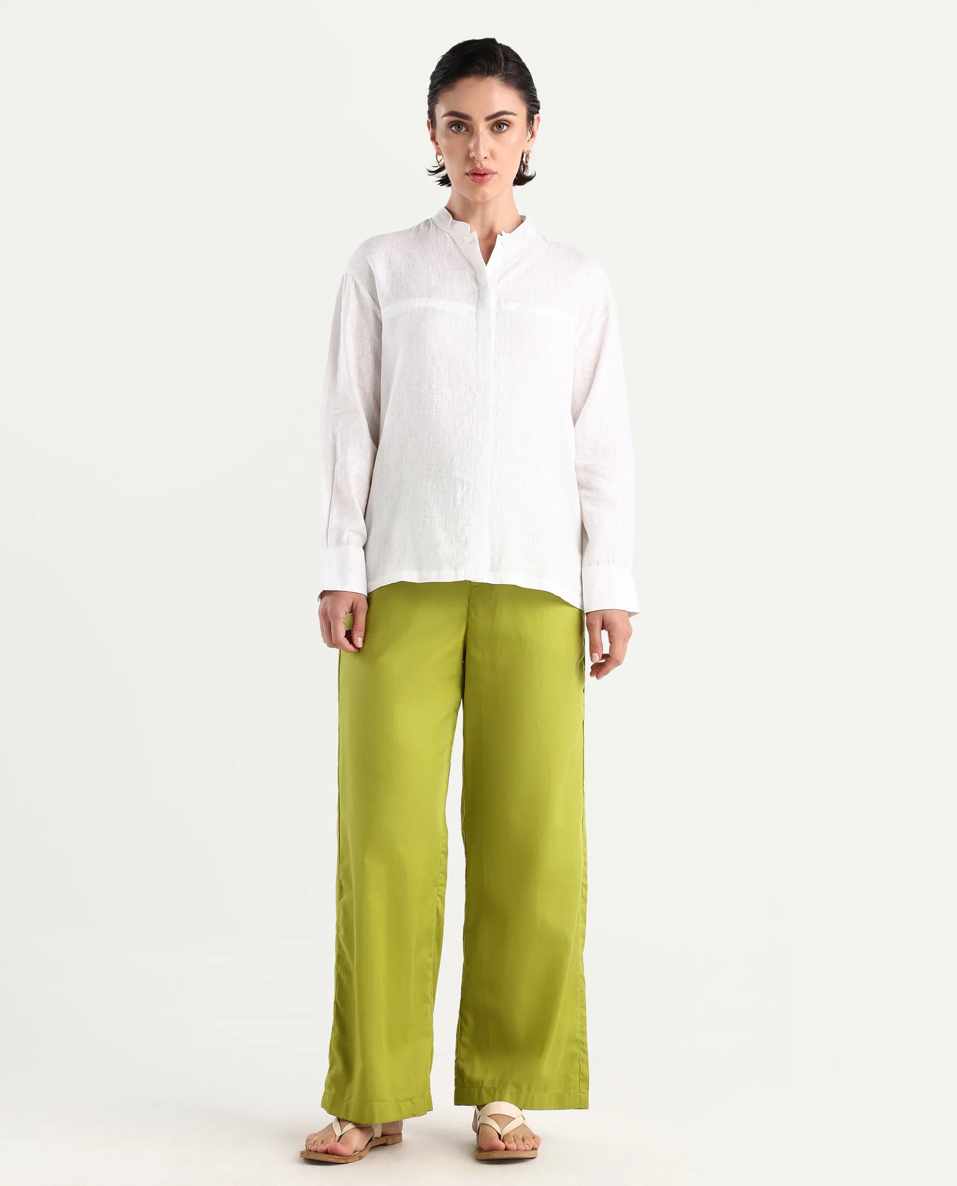 Rareism Women's Ronuo Olive Cotton Plain Ankle Length Straight Fit Trouser