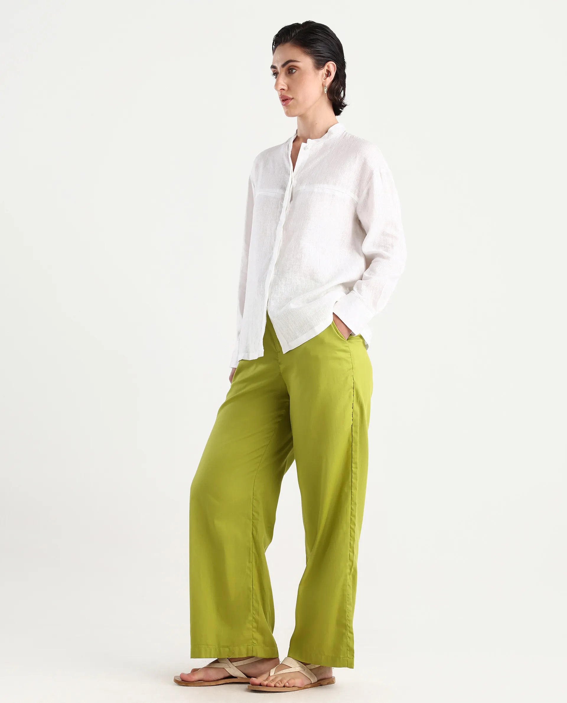 Rareism Women's Ronuo Olive Cotton Plain Ankle Length Straight Fit Trouser