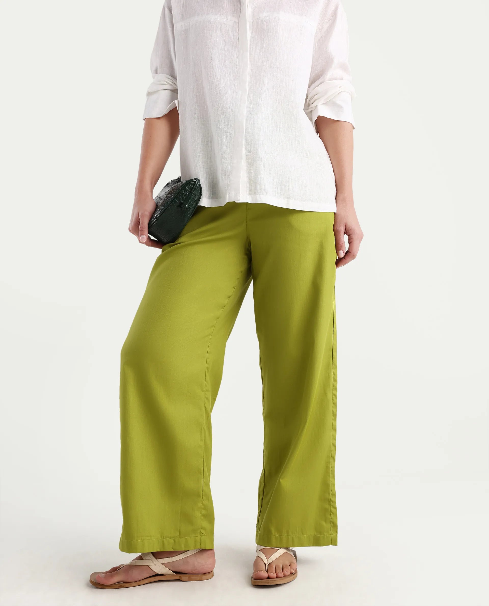 Rareism Women's Ronuo Olive Cotton Plain Ankle Length Straight Fit Trouser