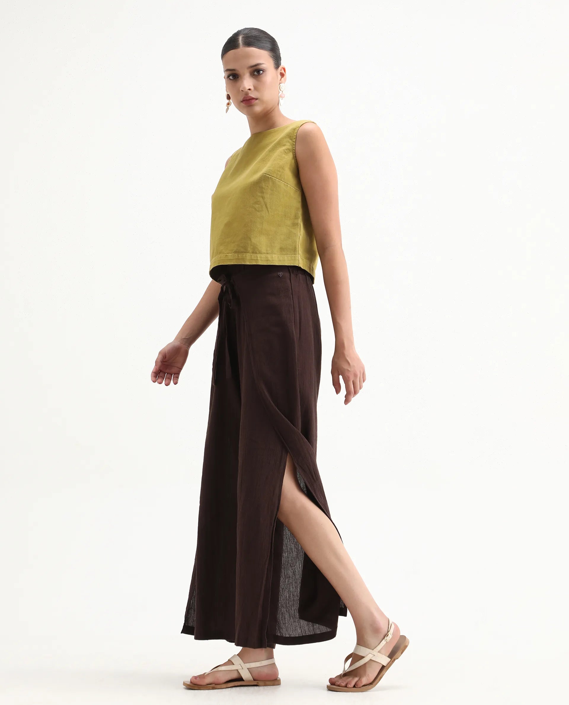 Rareism Women's Ronuz Brown Cotton Plain Ankle Length Straight Fit Trouser