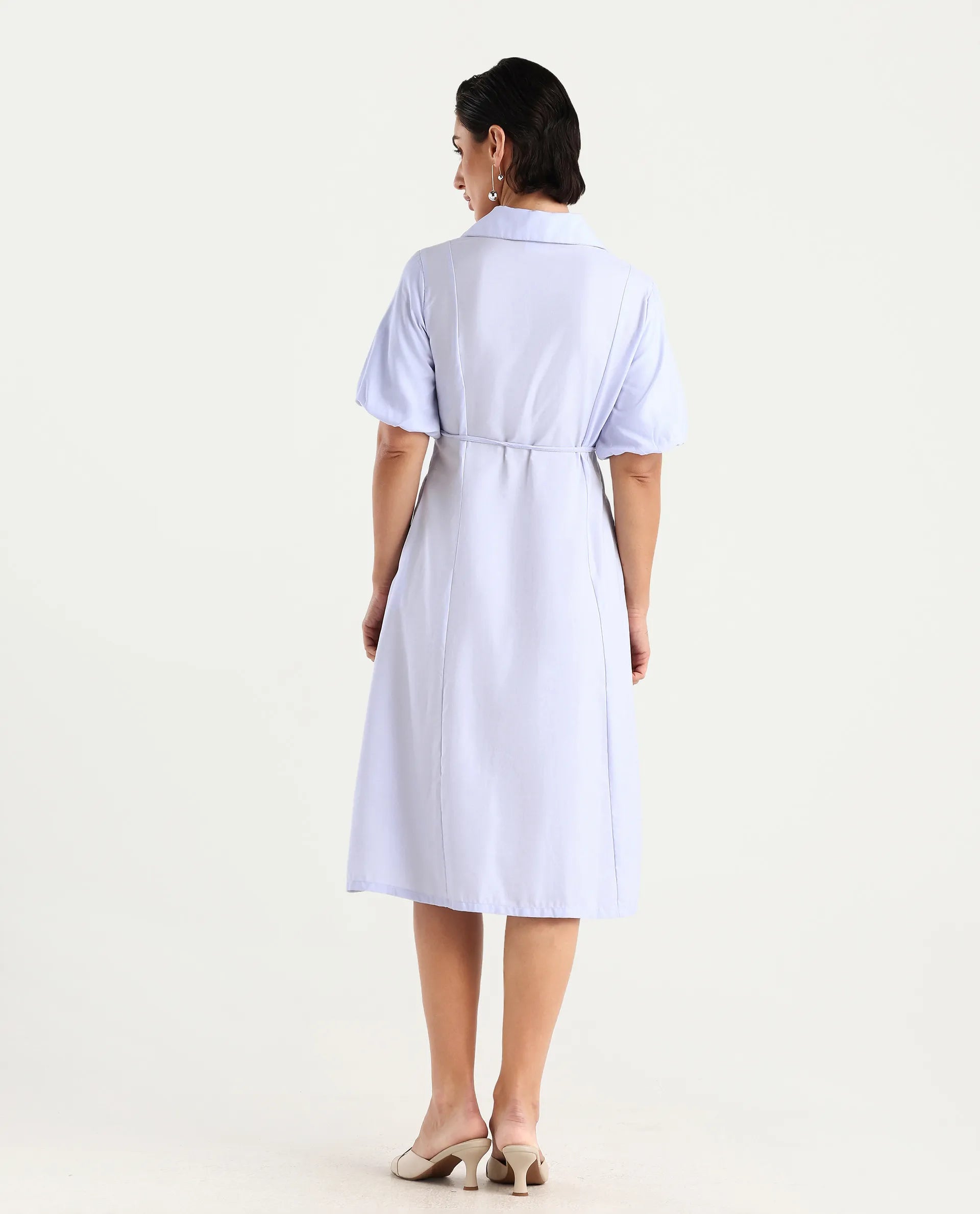 Rareism Women's Ronwer Blue Cotton Blend Spread Collar Plain Balloon Sleeve Midi Fit And Flare Dress