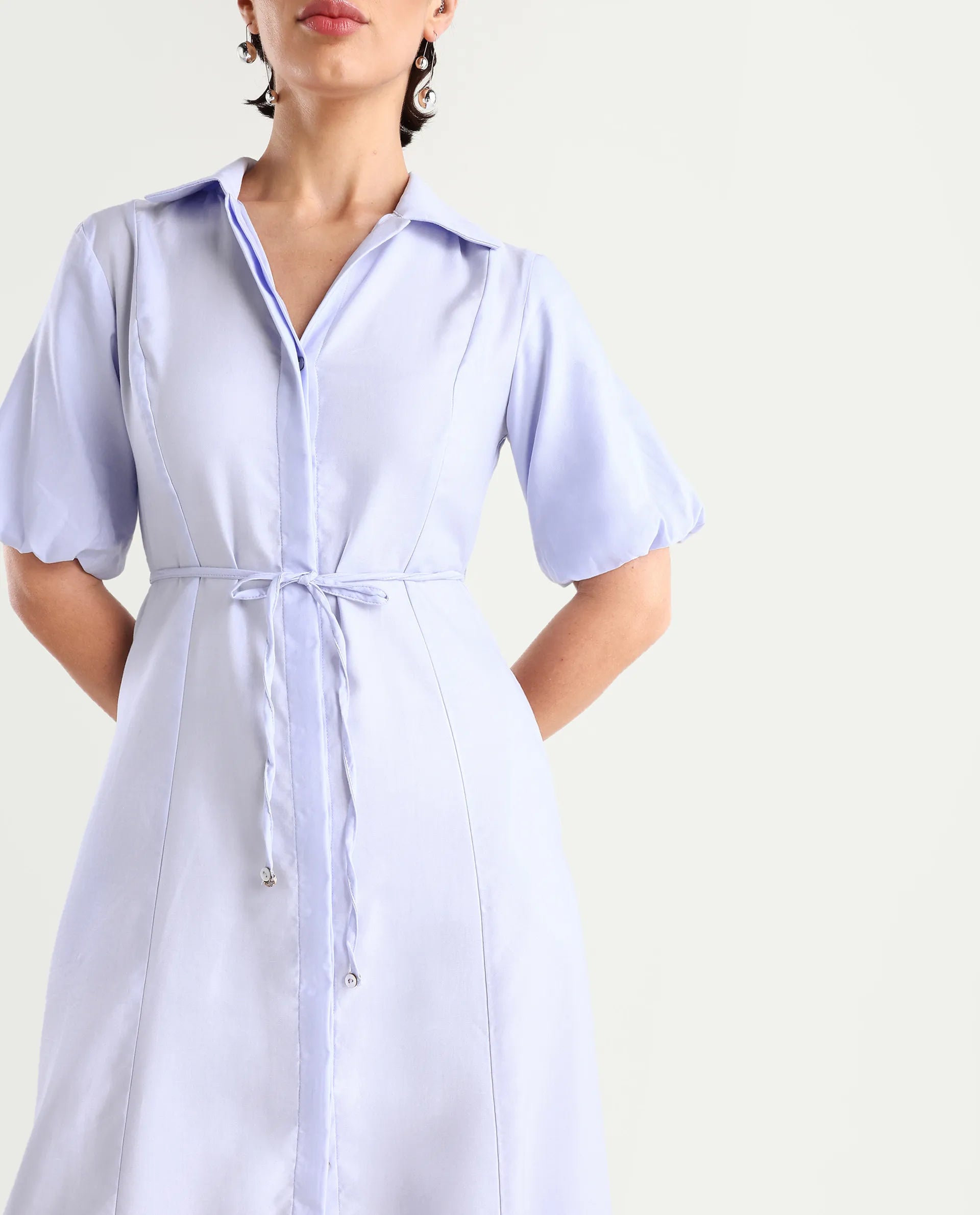 Rareism Women's Ronwer Blue Cotton Blend Spread Collar Plain Balloon Sleeve Midi Fit And Flare Dress