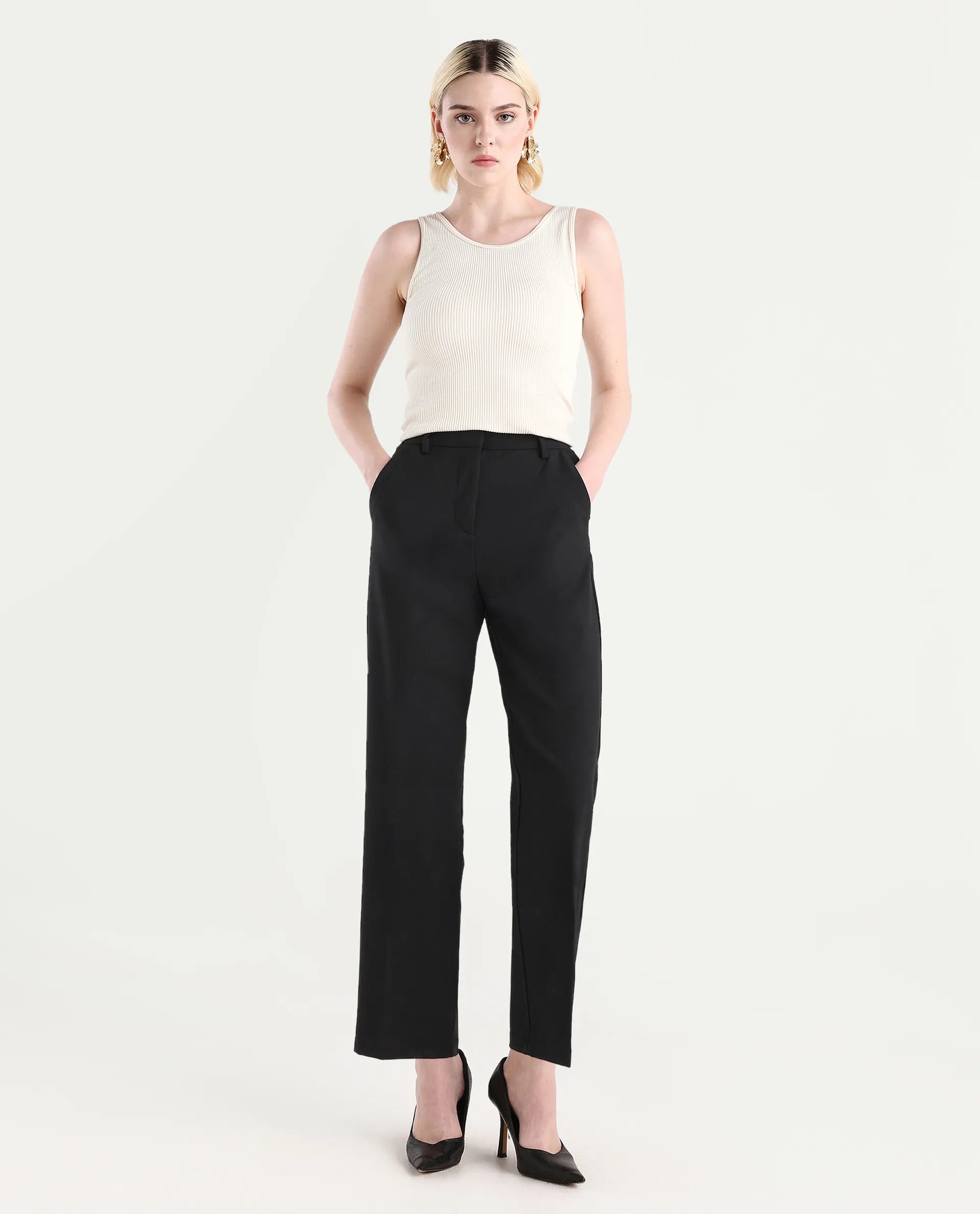 Rareism Women's Ronwip Black Polyester Blend Plain Ankle Length Straight Fit Trouser
