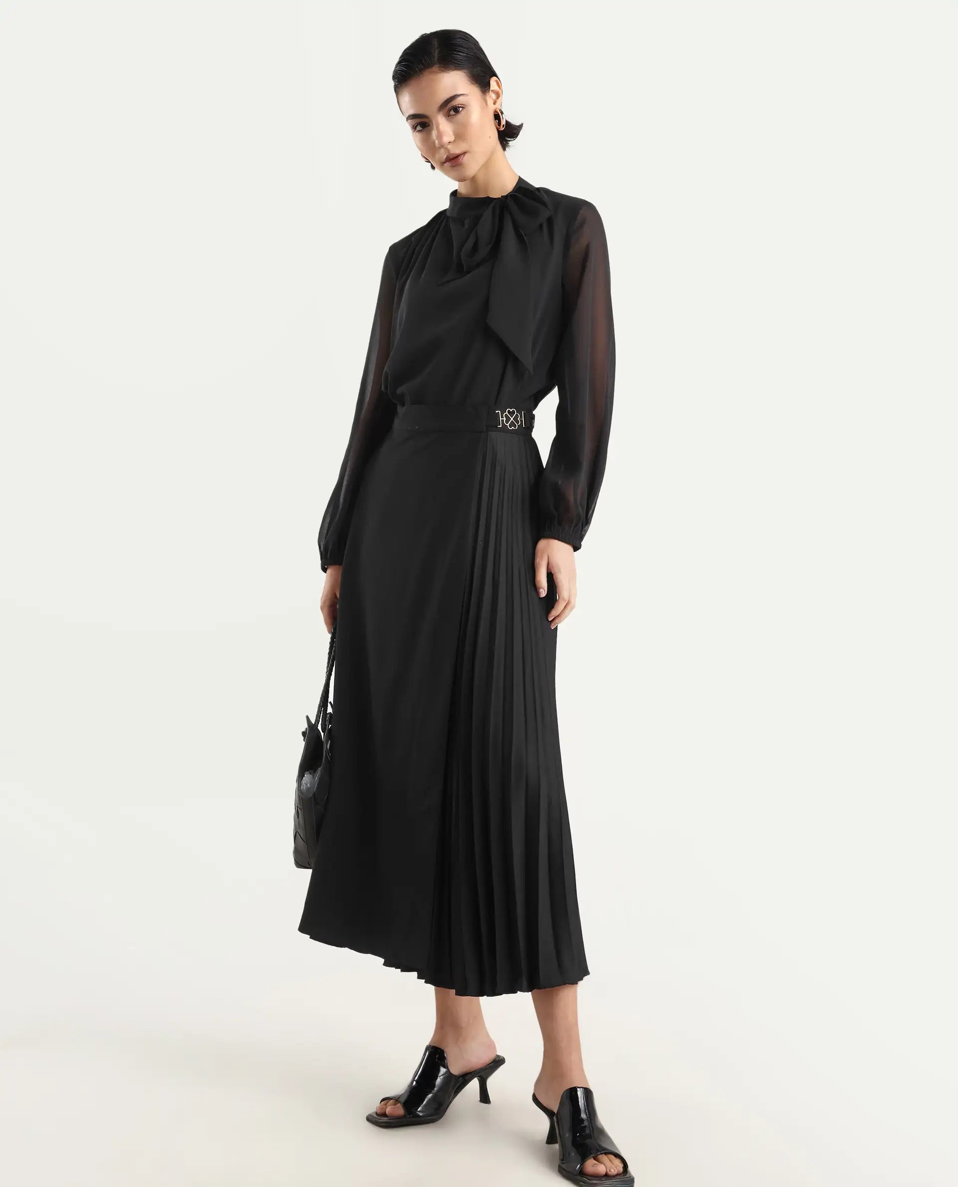 Rareism Women's Ronwiz Black Polyester Blend Plain Midi A-Line Skirt