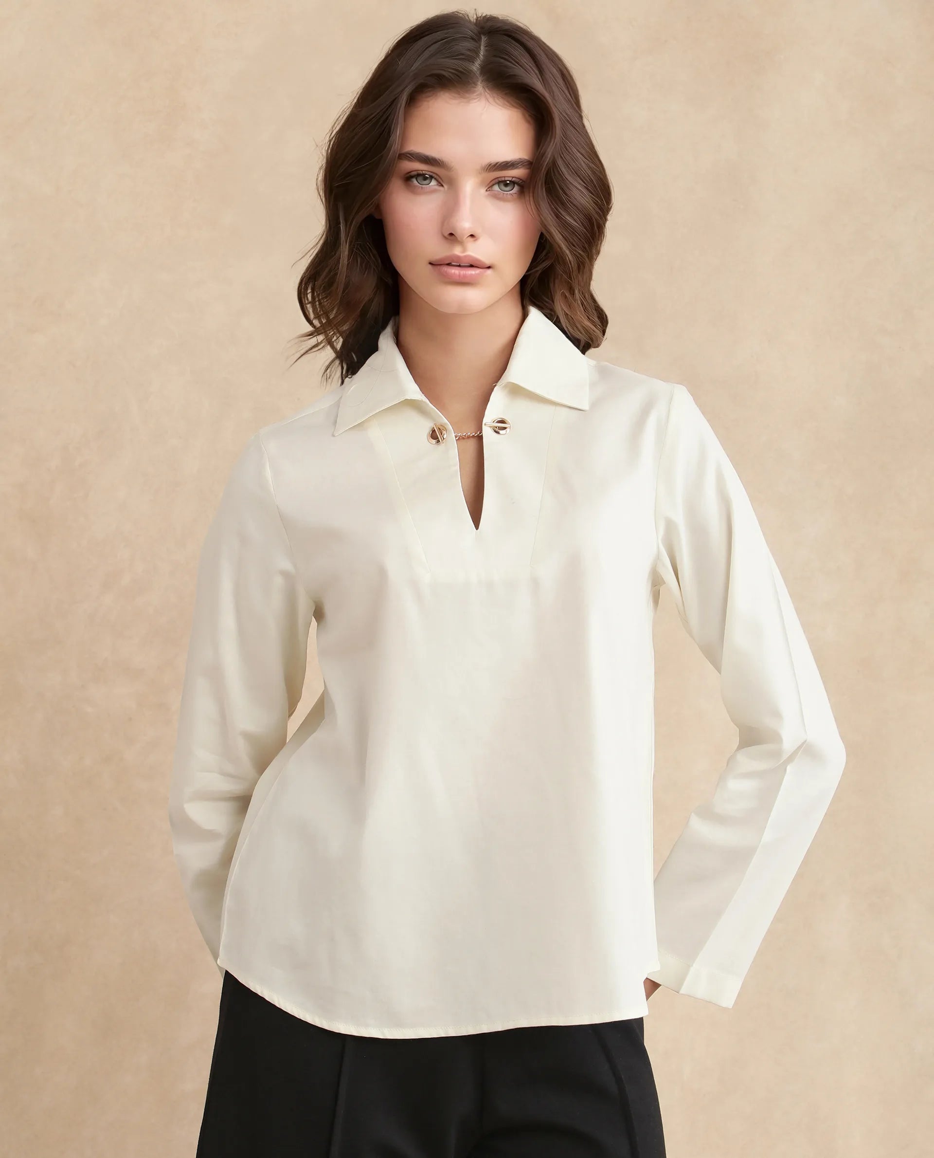 Rareism Women Ronwok Off White Modal Fabric Regular Sleeve Collared Neck Regular Fit Plain Top